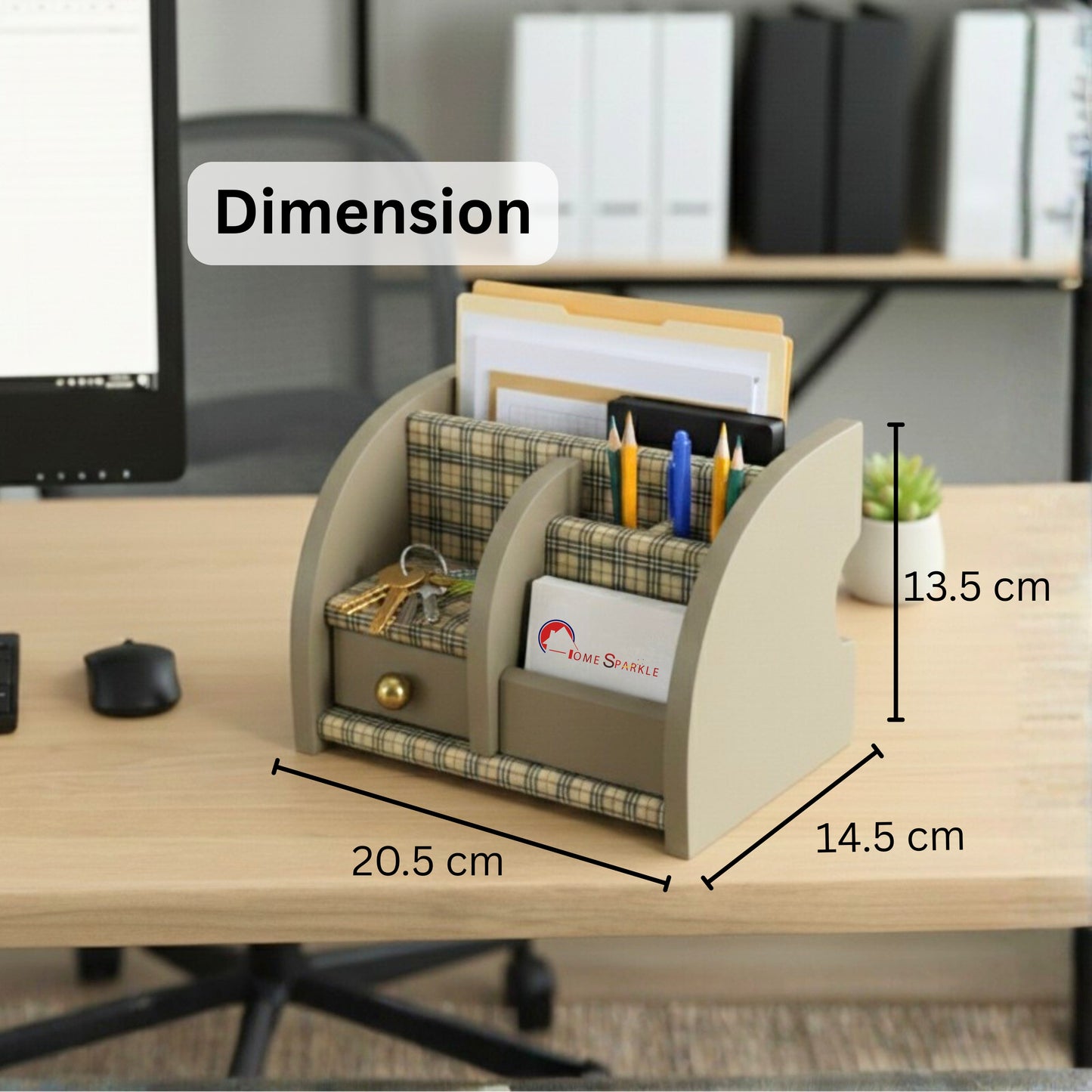 Home Sparkle Wooden Desk Organizer for Office & Home | Pen, File & Card Holder with Multi-Compartments & Drawer | Desk Accessories Organizer (Beige)