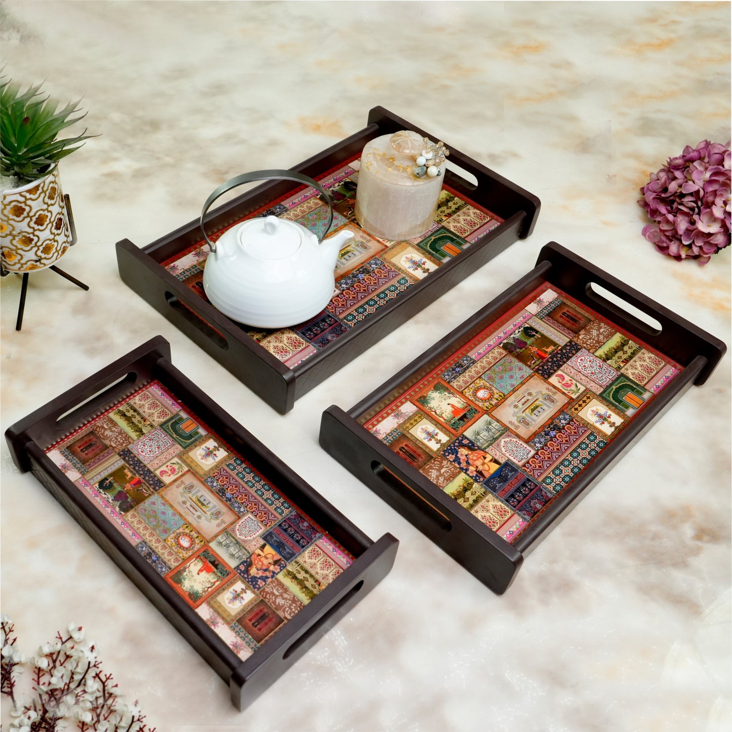 Home Sparkle Wooden Serving Tray Set of 3 | Decorative Printed MDF Breakfast & Coffee Trays with Handles | Multipurpose Serving & Organizer Trays | Water Resistant Finish