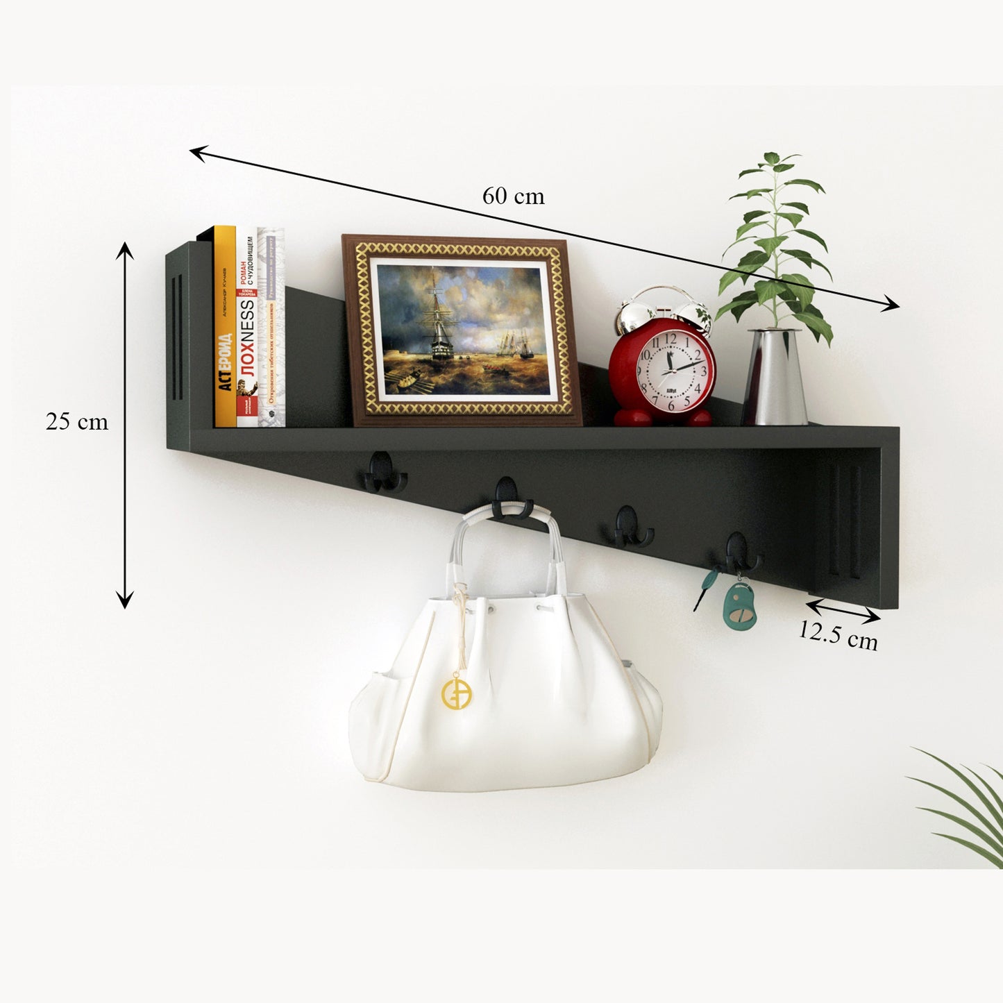Home Sparkle Wall Mounted Entryway Shelf with 4 Key Hooks | Wooden Floating Wall Shelf for Keys, Bags, Décor & Storage | Premium Engineered Wood | Black