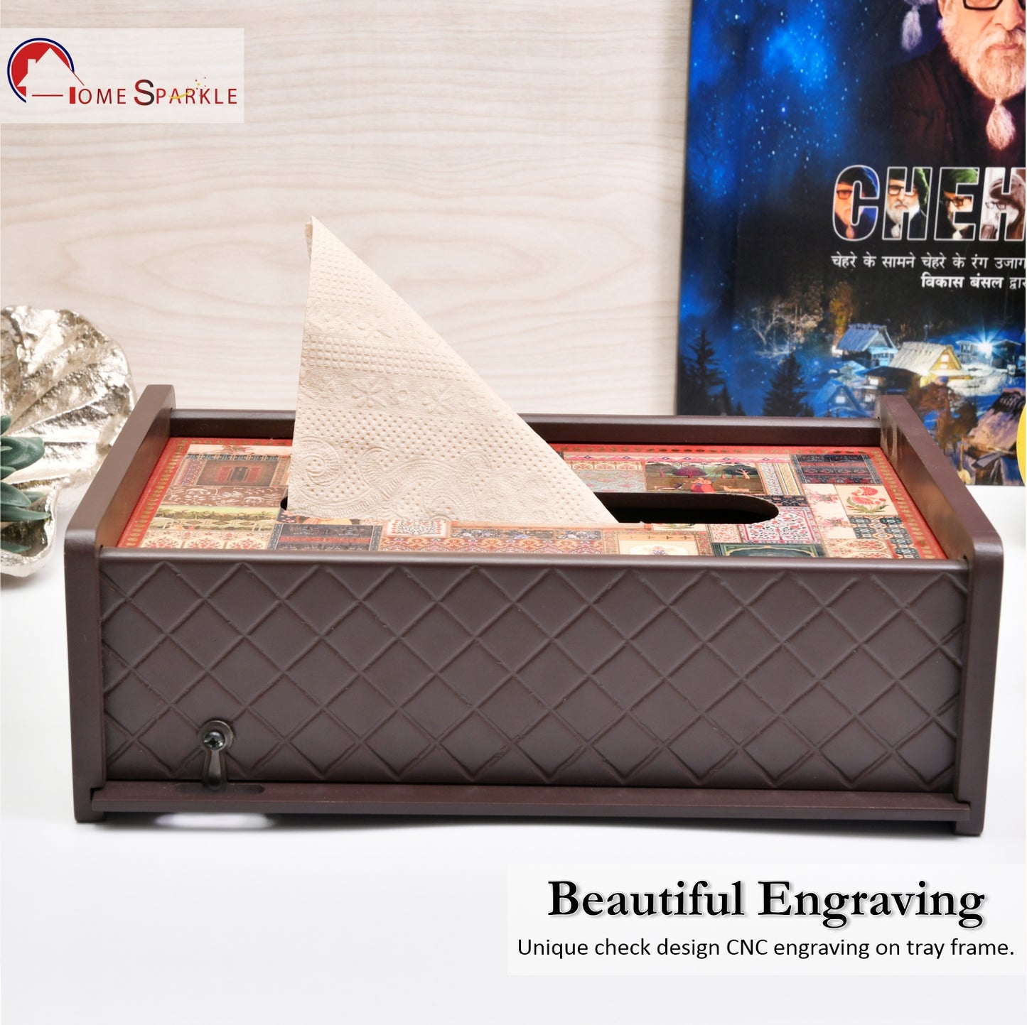 Wooden Tissue Holder for Dining Table | Elegant Printed Napkin Holder for Home, Office & Café Décor