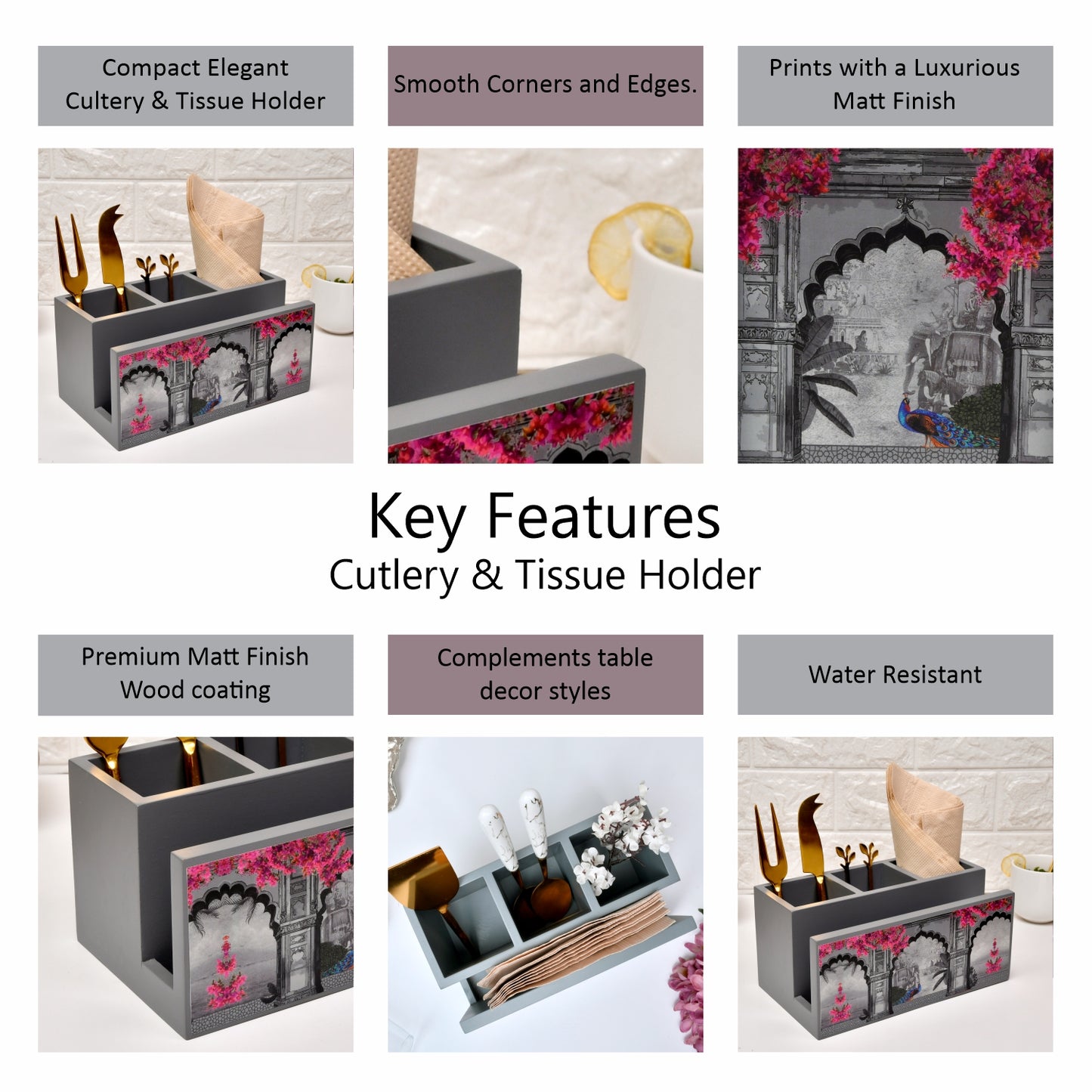 Wooden Cutlery & Tissue Holder for Dining Table | Multi-Compartment Organizer with Printed Design – Elegant Tabletop Accessory