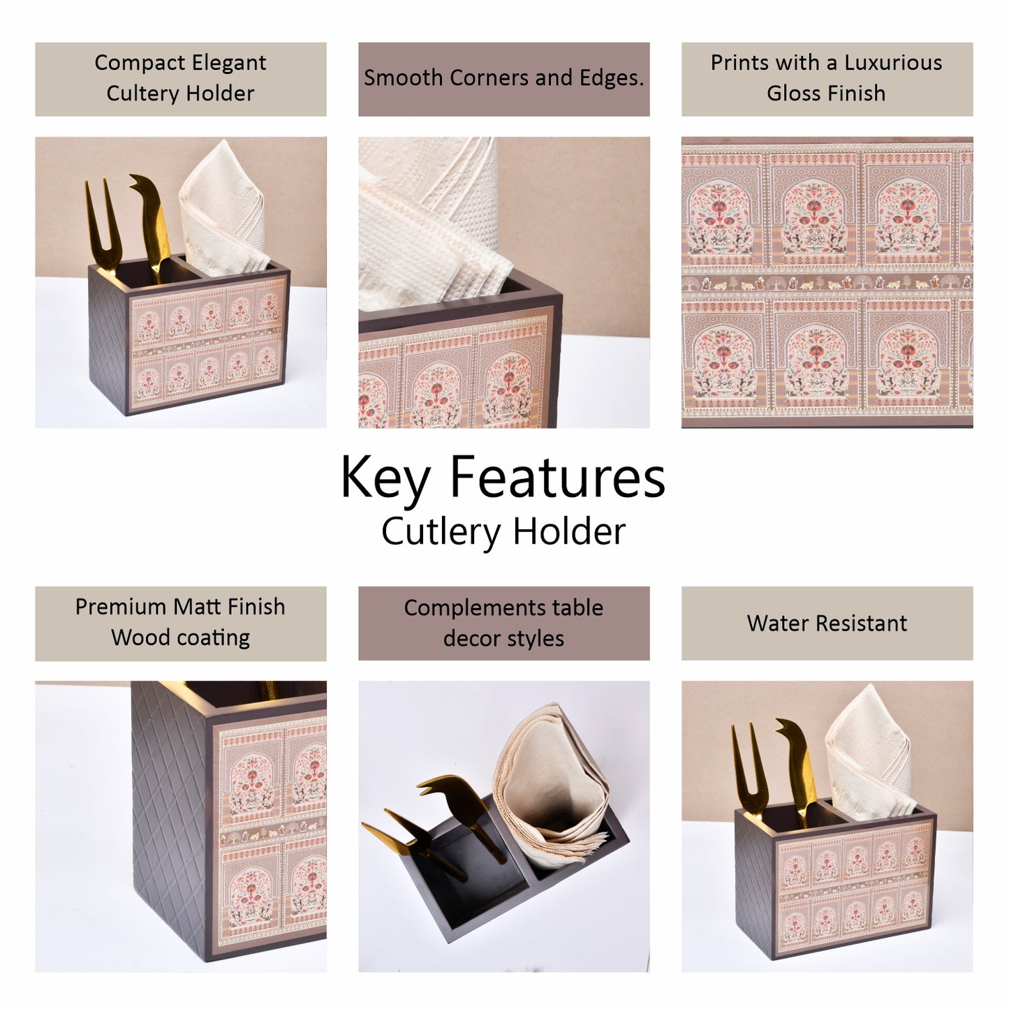 Wooden Cutlery & Tissue Holder for Dining Table | Multi-Compartment Organizer with Printed Design – Elegant Tabletop Accessory