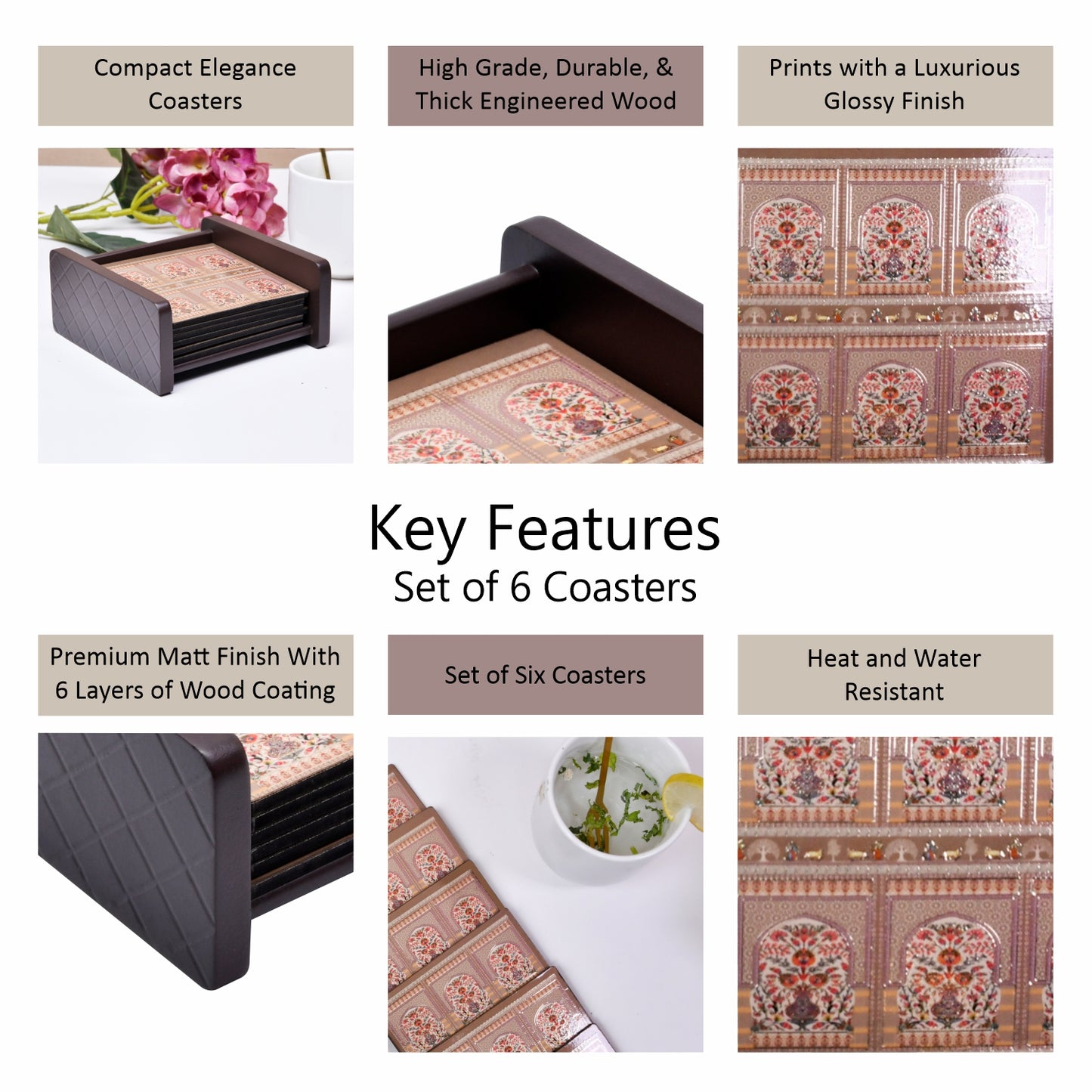 Coasters Set for Dining Table – Tea Coasters for Cups & Mugs | Elegant Table Décor Accessories – Set of 6 with Holder – Durable & Stylish