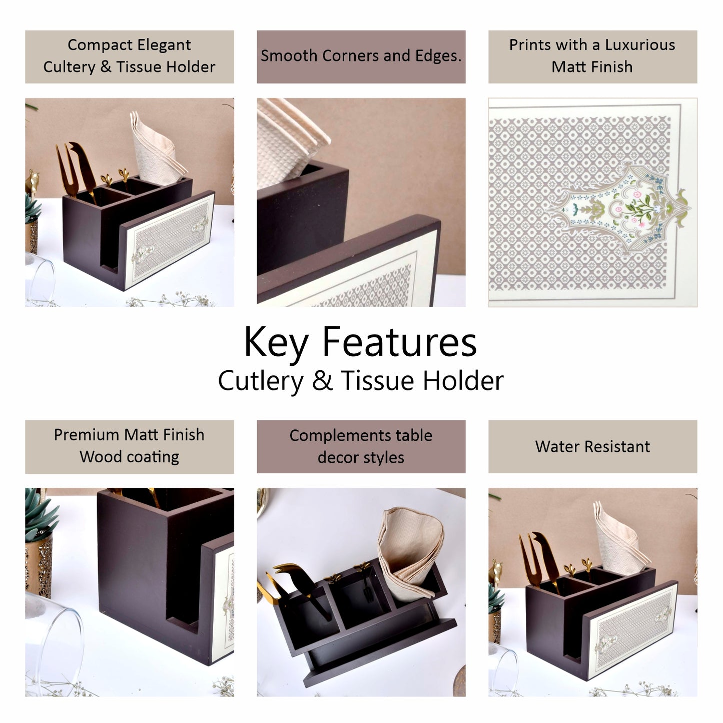 Wooden Cutlery & Tissue Holder for Dining Table | Multi-Compartment Organizer with Printed Design – Elegant Tabletop Accessory