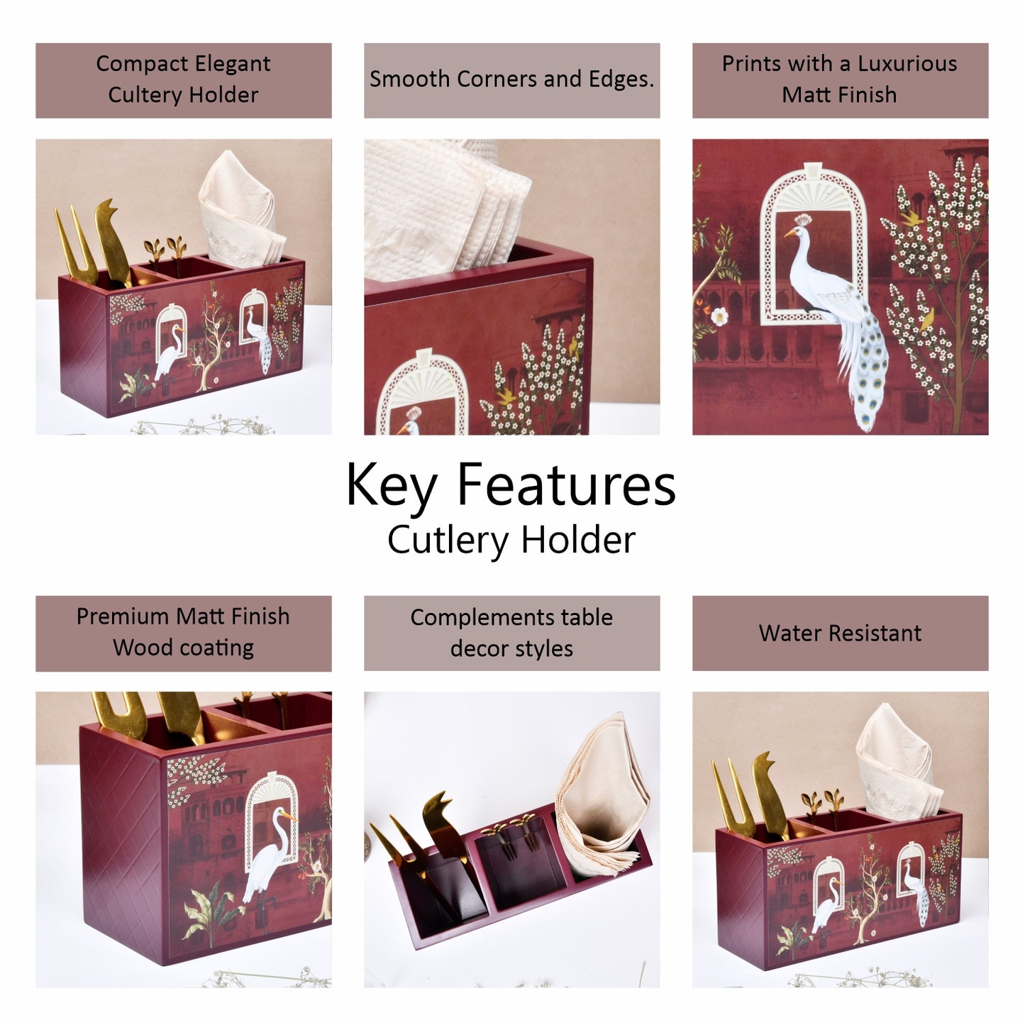 Wooden Cutlery & Tissue Holder for Dining Table | Multi-Compartment Organizer with Printed Design – Elegant Tabletop Accessory