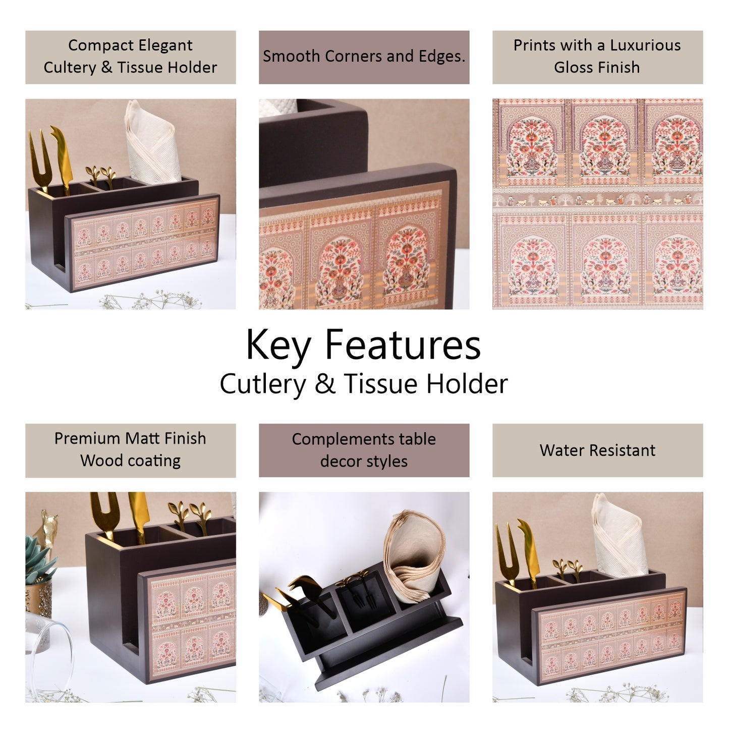 Wooden Cutlery & Tissue Holder for Dining Table | Multi-Compartment Organizer with Printed Design – Elegant Tabletop Accessory
