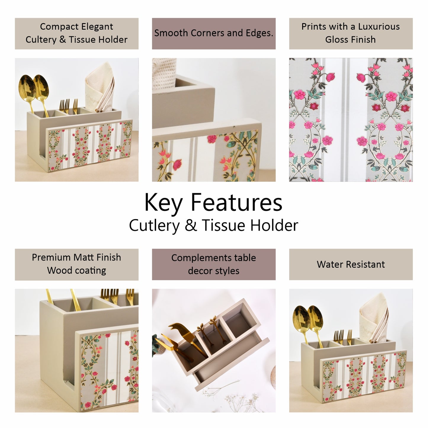 Wooden Cutlery & Tissue Holder for Dining Table | Multi-Compartment Organizer with Printed Design – Elegant Tabletop Accessory