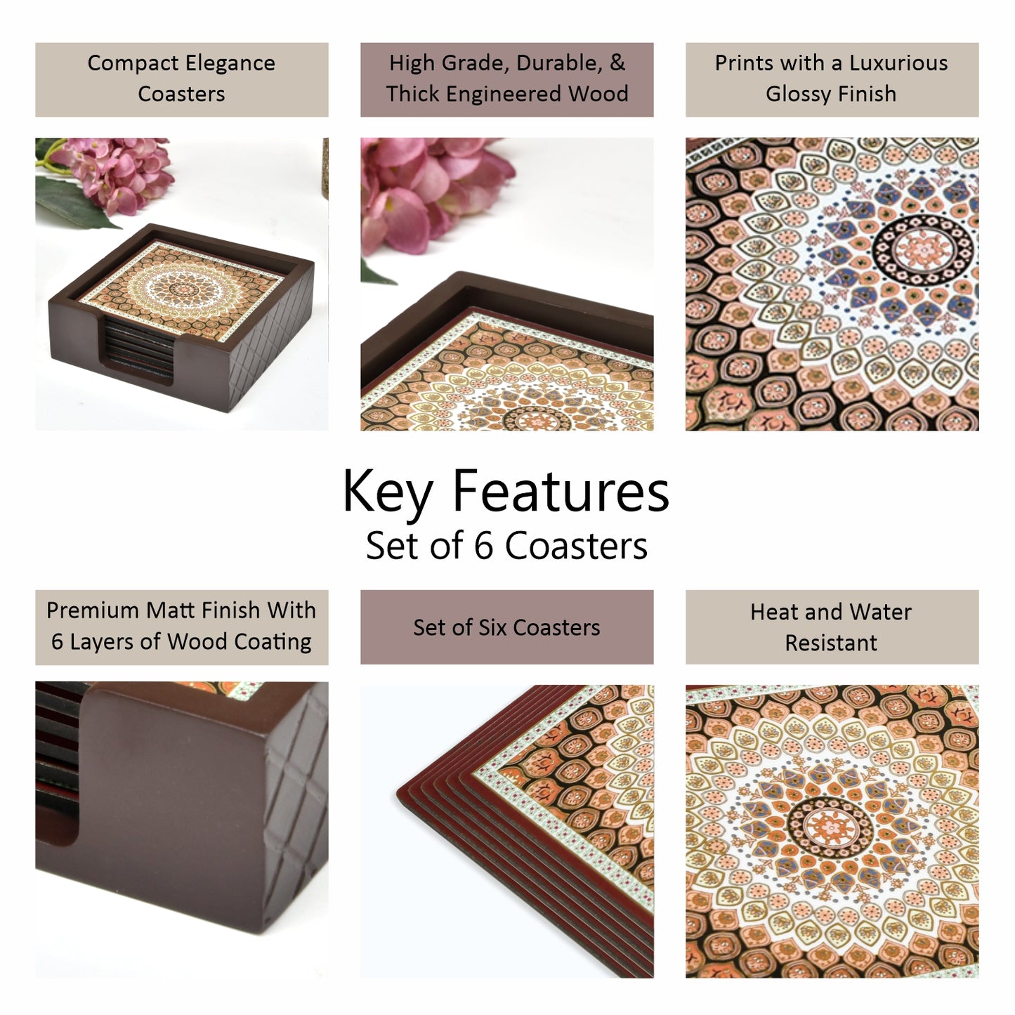 Coasters Set for Dining Table – Tea Coasters for Cups & Mugs | Elegant Table Décor Accessories – Set of 6 with Holder – Durable & Stylish