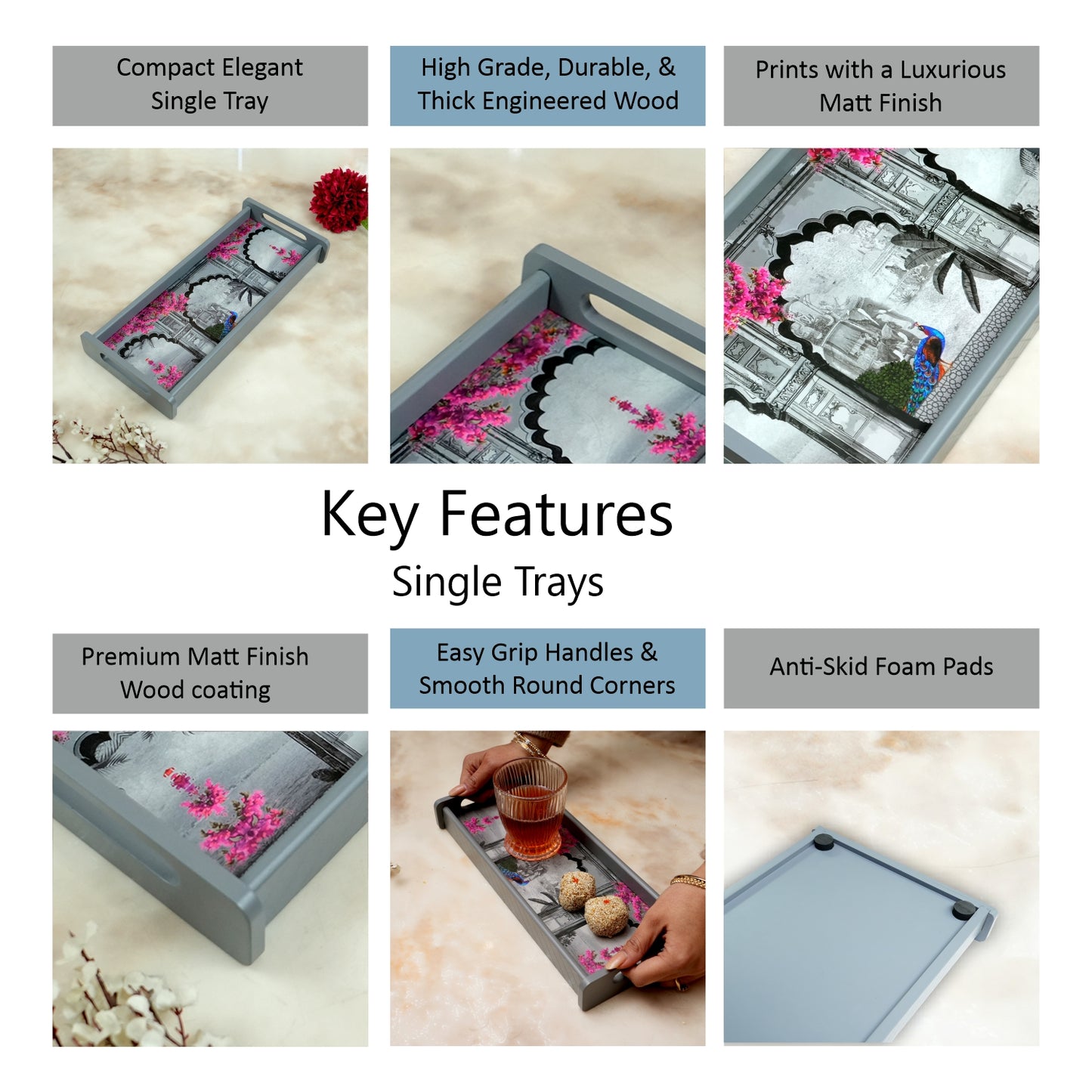 Rectangle Wooden Serving Tray | Elegant Printed MDF Tray for Home & Café Décor