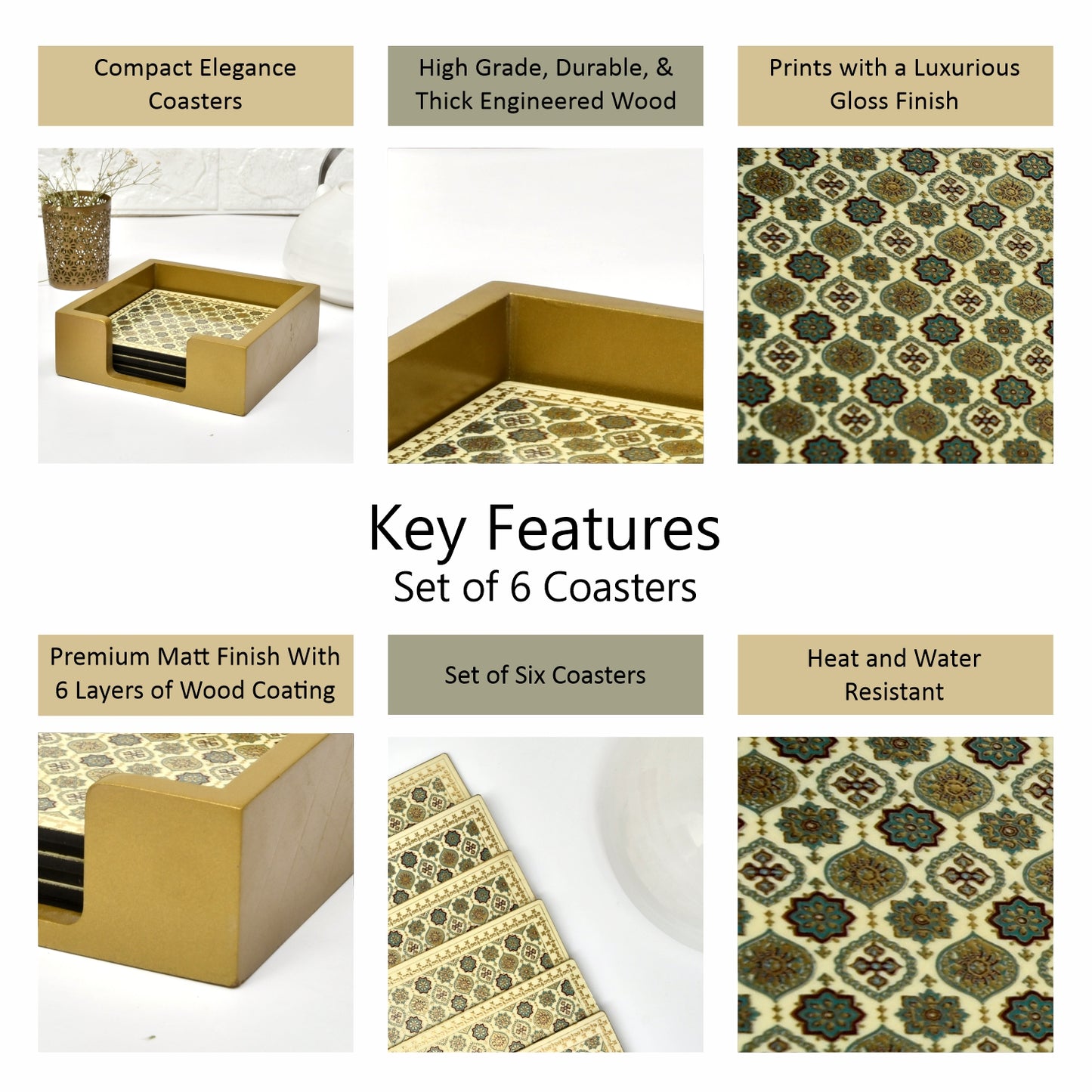 Coasters Set for Dining Table – Tea Coasters for Cups & Mugs | Elegant Table Décor Accessories – Set of 6 with Holder – Durable & Stylish