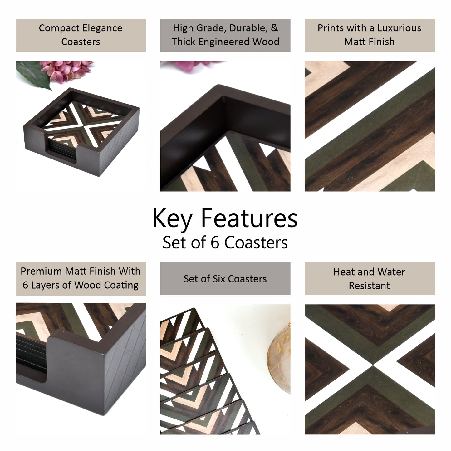 Coasters Set for Dining Table – Tea Coasters for Cups & Mugs | Elegant Table Décor Accessories – Set of 6 with Holder – Durable & Stylish