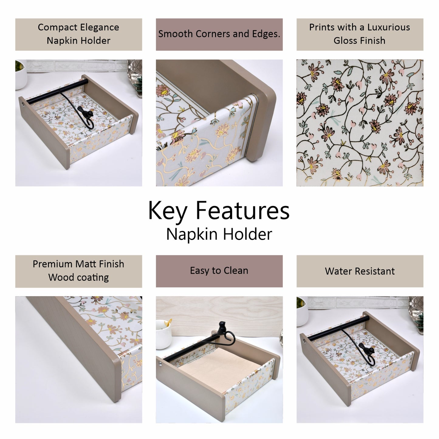 Wooden Tissue Box Holder for Dining Table & Living Room | Elegant Printed Napkin Organizer with Metal Handle