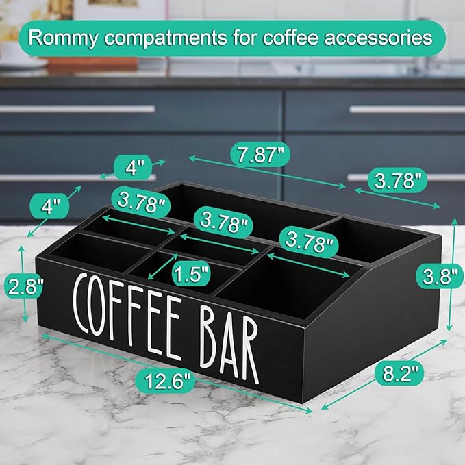 Home Sparkle Coffee Station Organizer for Counter – Rustic Wood Coffee Pod Holder with 7 Compartments, Tea & Condiment Storage, Farmhouse Coffee Bar Accessories for Kitchen or Office (G32N)