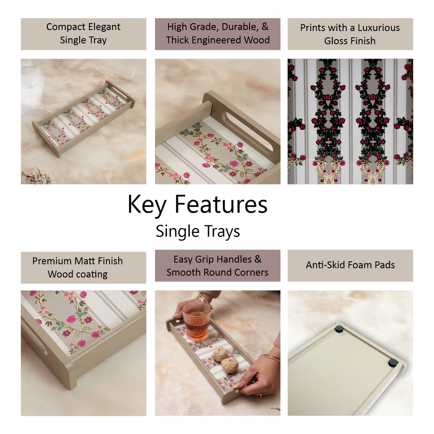 Rectangle Wooden Serving Tray | Elegant Printed Tray for Home & Café Décor