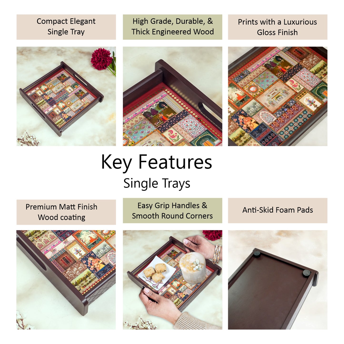 Square Wooden Serving Tray | Elegant Printed Tray for Home & Décor