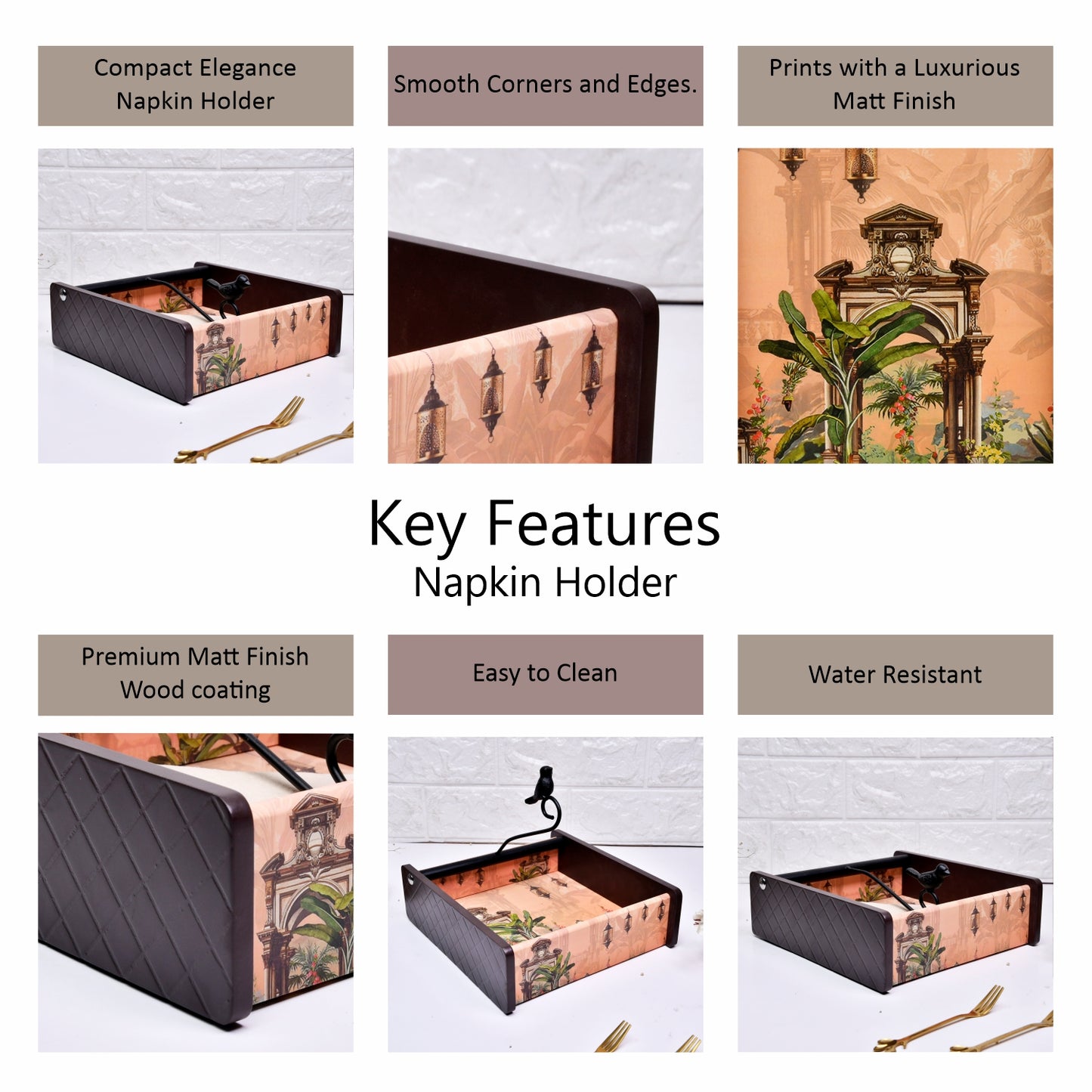 Wooden Tissue Box Holder for Dining Table & Living Room | Elegant Printed Napkin Organizer with Metal Handle