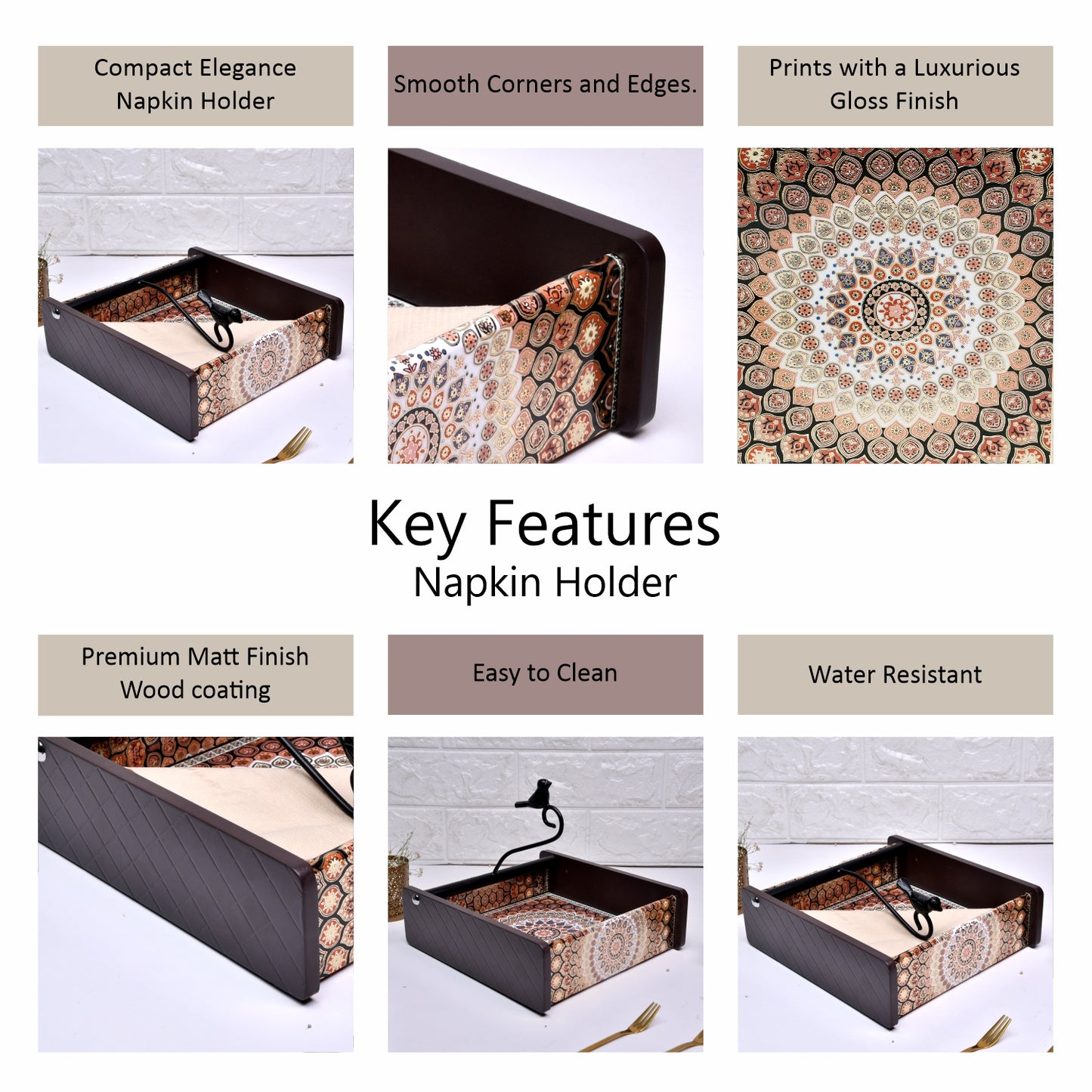 Wooden Tissue Box Holder for Dining Table & Living Room | Elegant Printed Napkin Organizer with Metal Handle