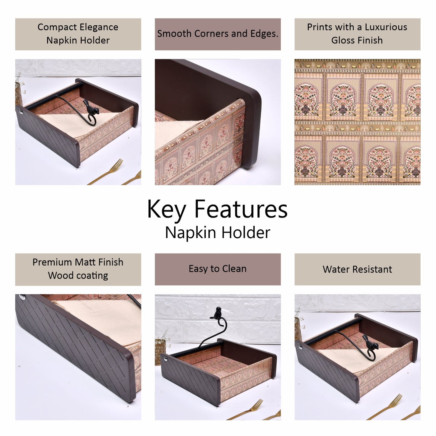 Wooden Tissue Box Holder for Dining Table & Living Room | Elegant Printed Napkin Organizer with Metal Handle