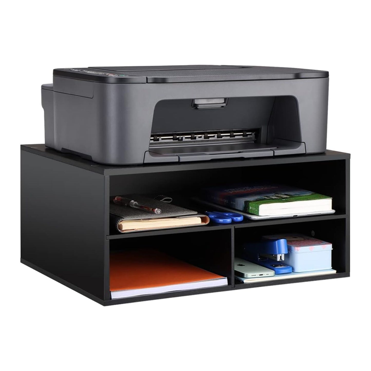 Home Sparkle 3-Tier Printer Stand with Storage – Wood Desk Organizer Shelf for Home/Office, Paper Tray, Printer Riser for Desk, Compact Monitor Stand