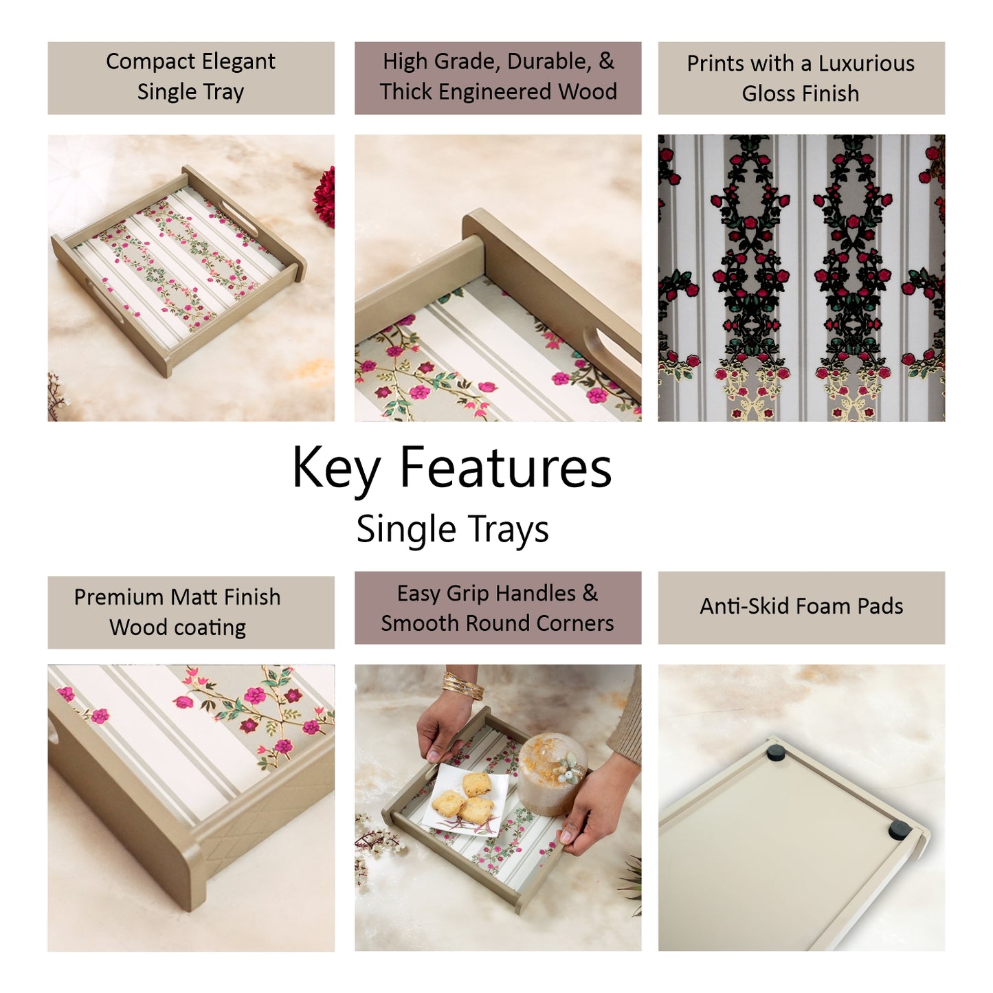 Square Wooden Serving Tray | Elegant Printed Tray for Home & Café Décor