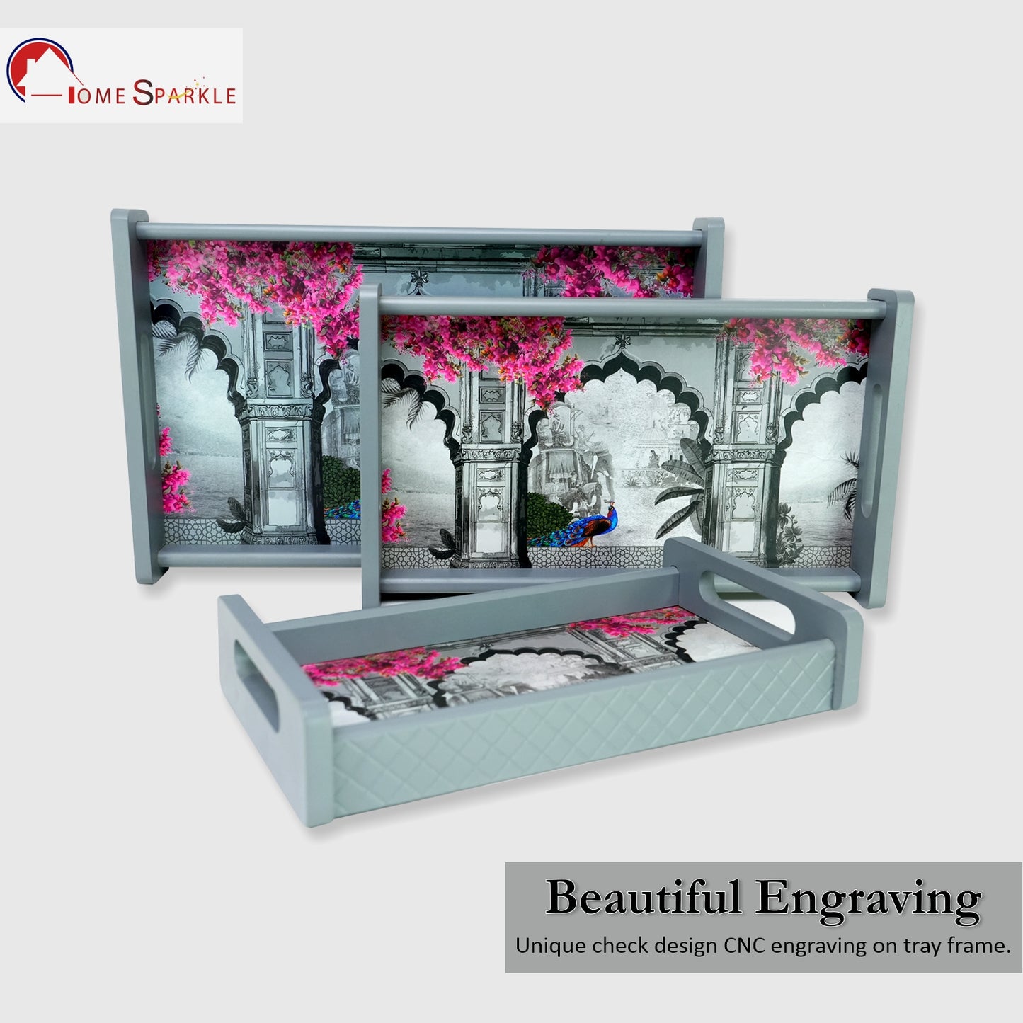 HomeSparkle Wooden Serving Tray Set of 3 – Sizes 16x10, 14x8 & 12x6 inch | Water-Resistant | MDF Print | Engineered Wood | Rectangular, Strong & Durable | Tray Set