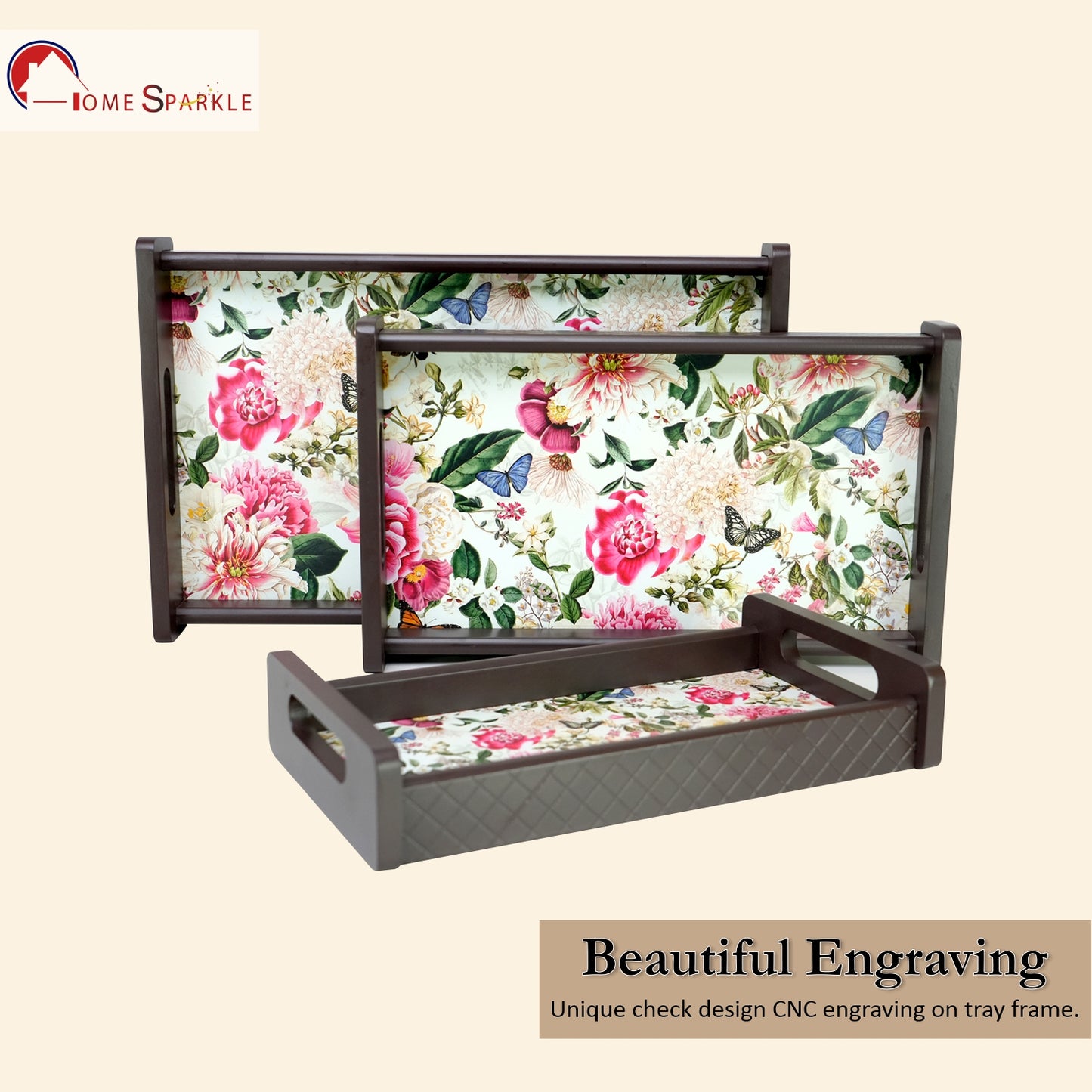 HomeSparkle Wooden Serving Tray Set of 3 – Sizes 16x10, 14x8 & 12x6 inch | Water-Resistant | MDF Print | Engineered Wood | Rectangular, Strong & Durable | Tray Set