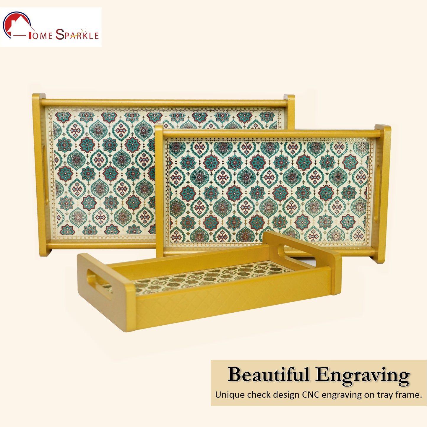 HomeSparkle Wooden Serving Tray Set of 3 – Sizes 16x10, 14x8 & 12x6 inch | Water-Resistant | MDF Print | Engineered Wood | Rectangular, Strong & Durable | Tray Set