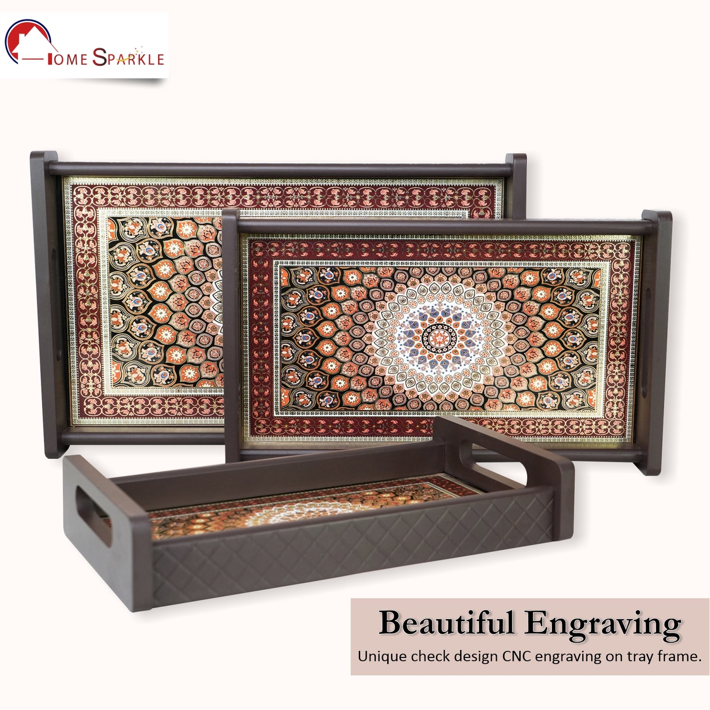 HomeSparkle Wooden Serving Tray Set of 3 – Sizes 16x10, 14x8 & 12x6 inch | Water-Resistant | MDF Print | Engineered Wood | Rectangular, Strong & Durable | Tray Set