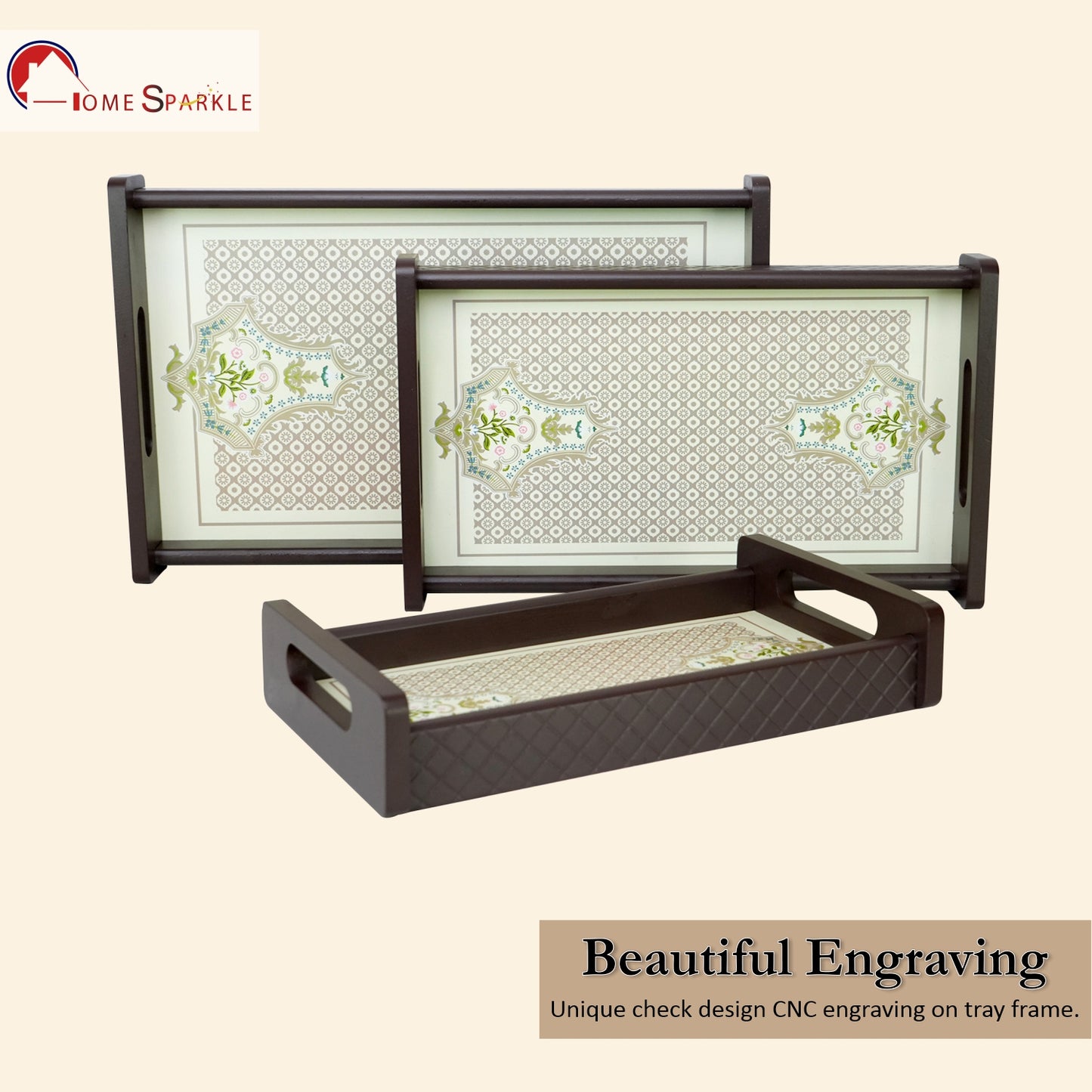 HomeSparkle Wooden Serving Tray Set of 3 – Sizes 16x10, 14x8 & 12x6 inch | Water-Resistant | MDF Print | Engineered Wood | Rectangular, Strong & Durable | Tray Set