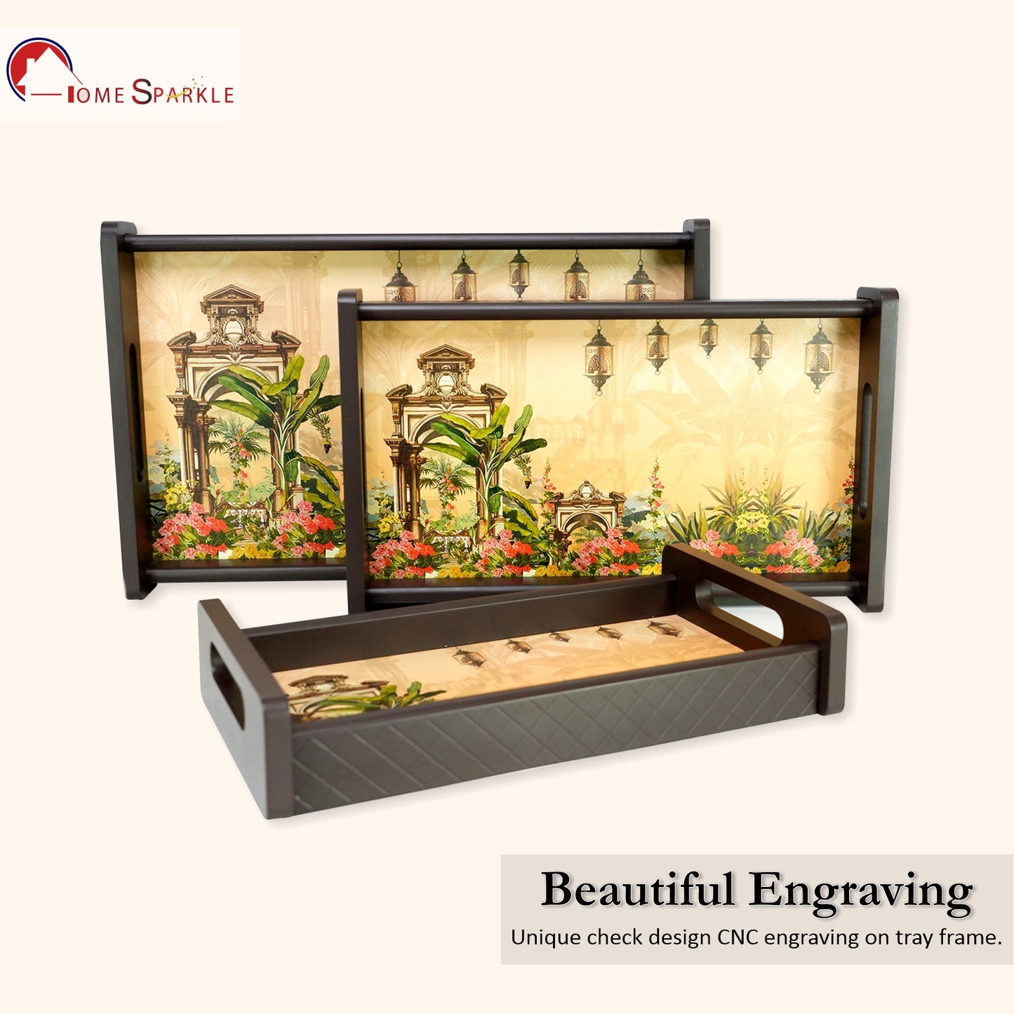 HomeSparkle Wooden Serving Tray Set of 3 – Sizes 16x10, 14x8 & 12x6 inch | Water-Resistant | MDF Print | Engineered Wood | Rectangular, Strong & Durable | Tray Set