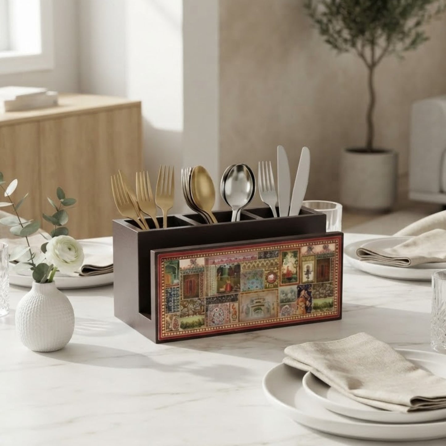 Home Sparkle Premium Wooden Cutlery Holder & Spoon Organizer