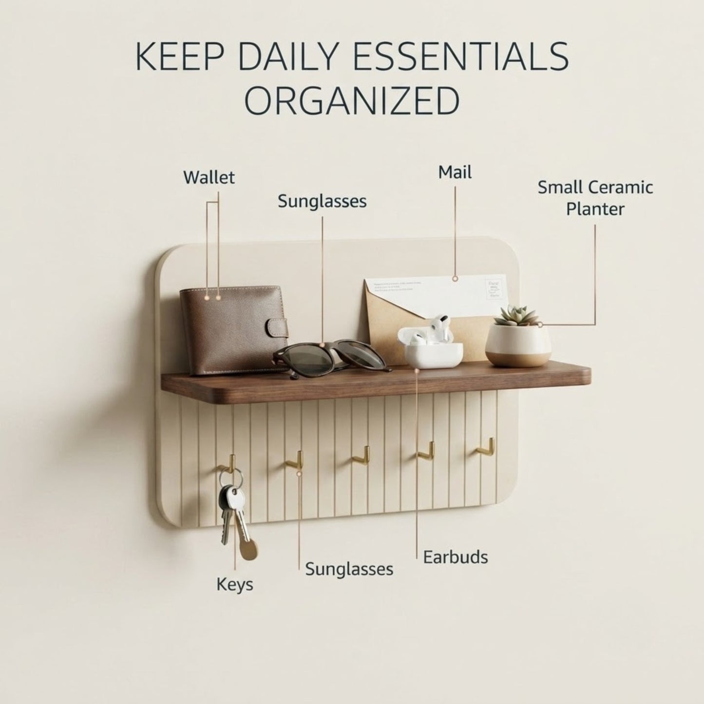 Home Sparkle Ivory Curve Key Holder with Shelf | Wooden Wall Mounted Key Organizer