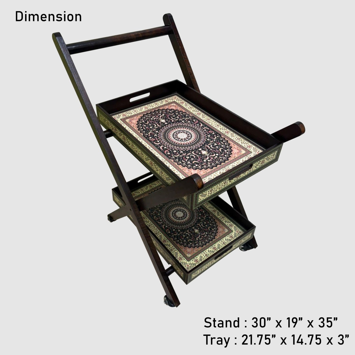 Home Sparkle Premium Folding Tea Trolley with 2 Removable Serving Trays | Wooden & Iron Rolling Serving Cart with Wheels | Multipurpose Kitchen & Living Room Utility Trolley