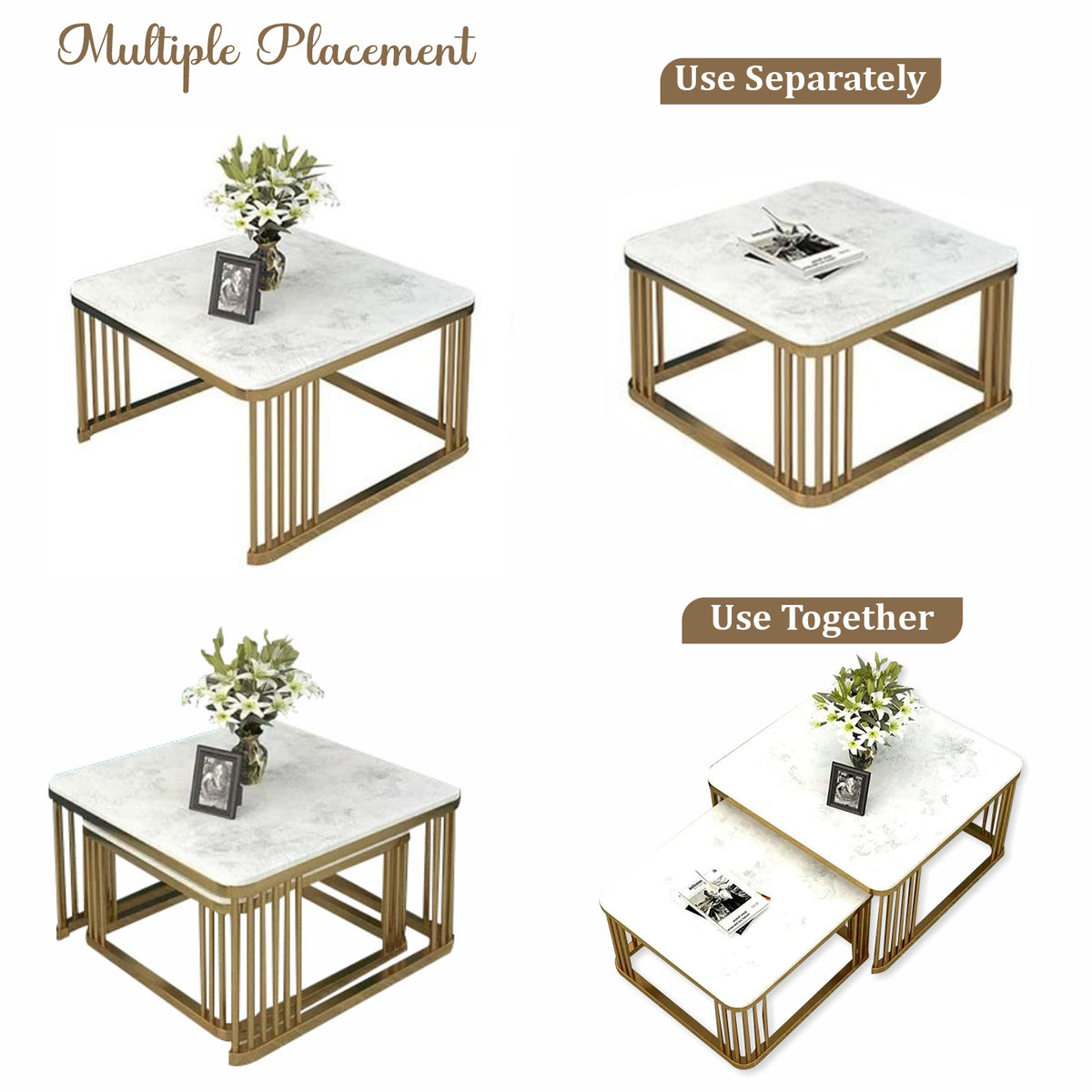 Home Sparkle Square Coffee Table Set of 2 | Modern Gold Frame with White Marble Finish | Nesting Side Tables for Living Room