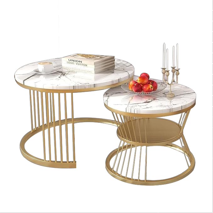 Home Sparkle Round Coffee Table Set of 2 | Premium Marble Finish with Gold Metal Frame | Modern Nesting Tables