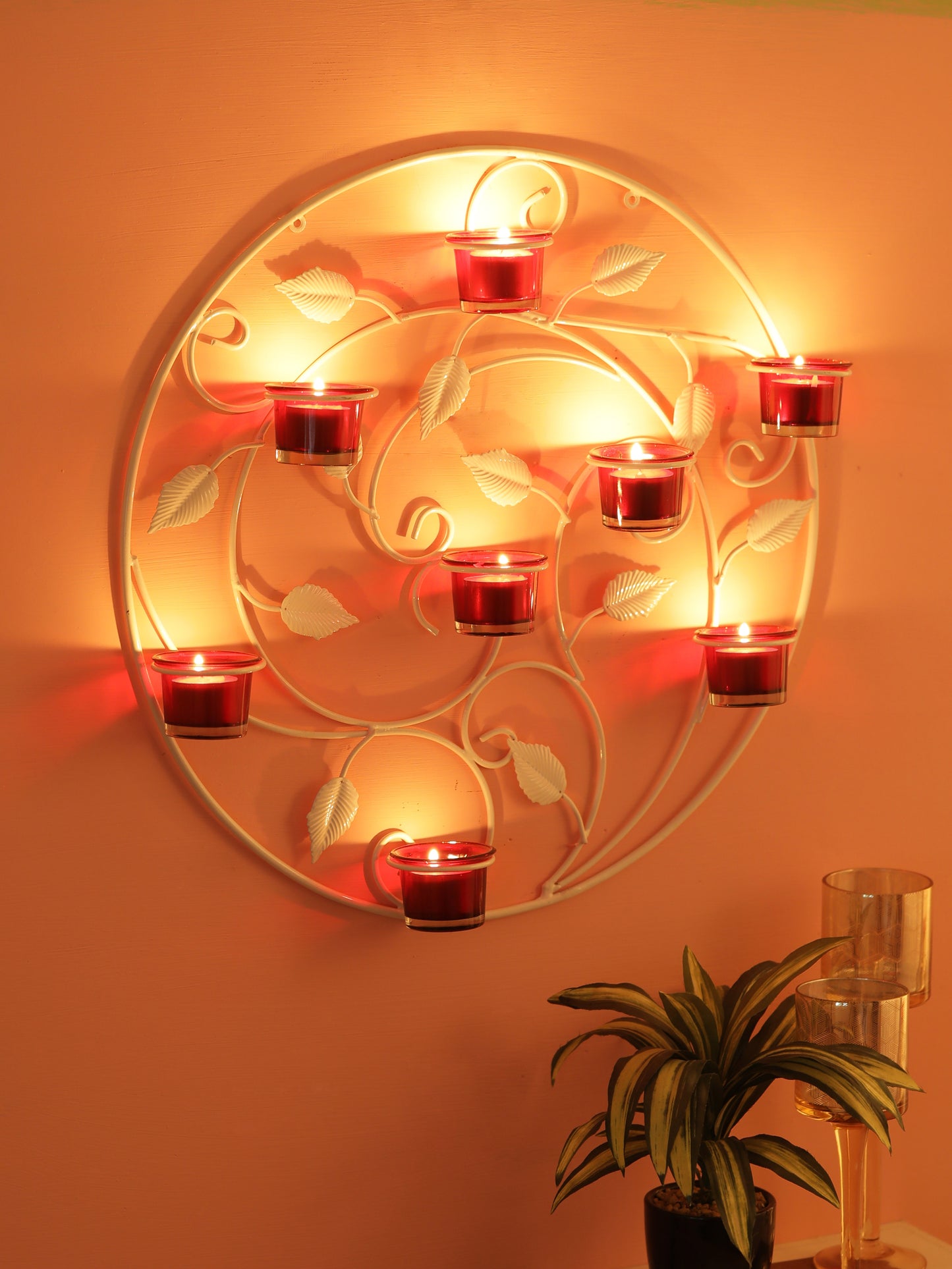 Home Sparkle Tea Light Candle Holders | 8 Glass Cup Hanging Tea Light Holders | Round Leave Design Metal Wall Hanging Lights for Wedding Parties Room and Home Decoration – Black