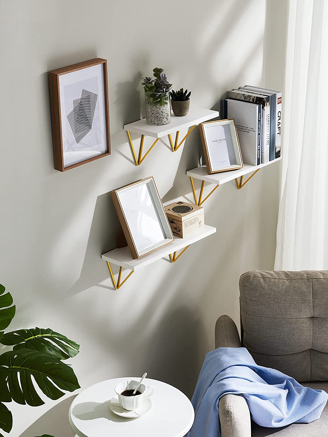 Home Sparkle Floating Shelves, Wall Shelf White and Gold for Bathroom/Bedroom/Living Room/Kitchen 3 Sets