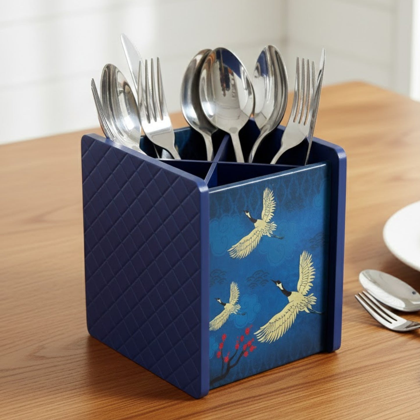 **Home Sparkle Wooden Cutlery Organizer | Decorative Tabletop Spoon & Fork Holder | Multipurpose Engineered MDF Dining Table Organizer | Blue Printed Finish**