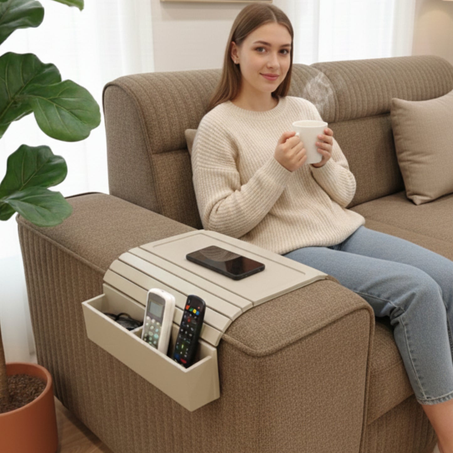 Home Sparkle Wooden Sofa Armrest Tray with Storage Drawer | Multifunctional Couch Organizer & Side Table | Coffee Cup Holder & Remote Storage Tray | Beige Finish