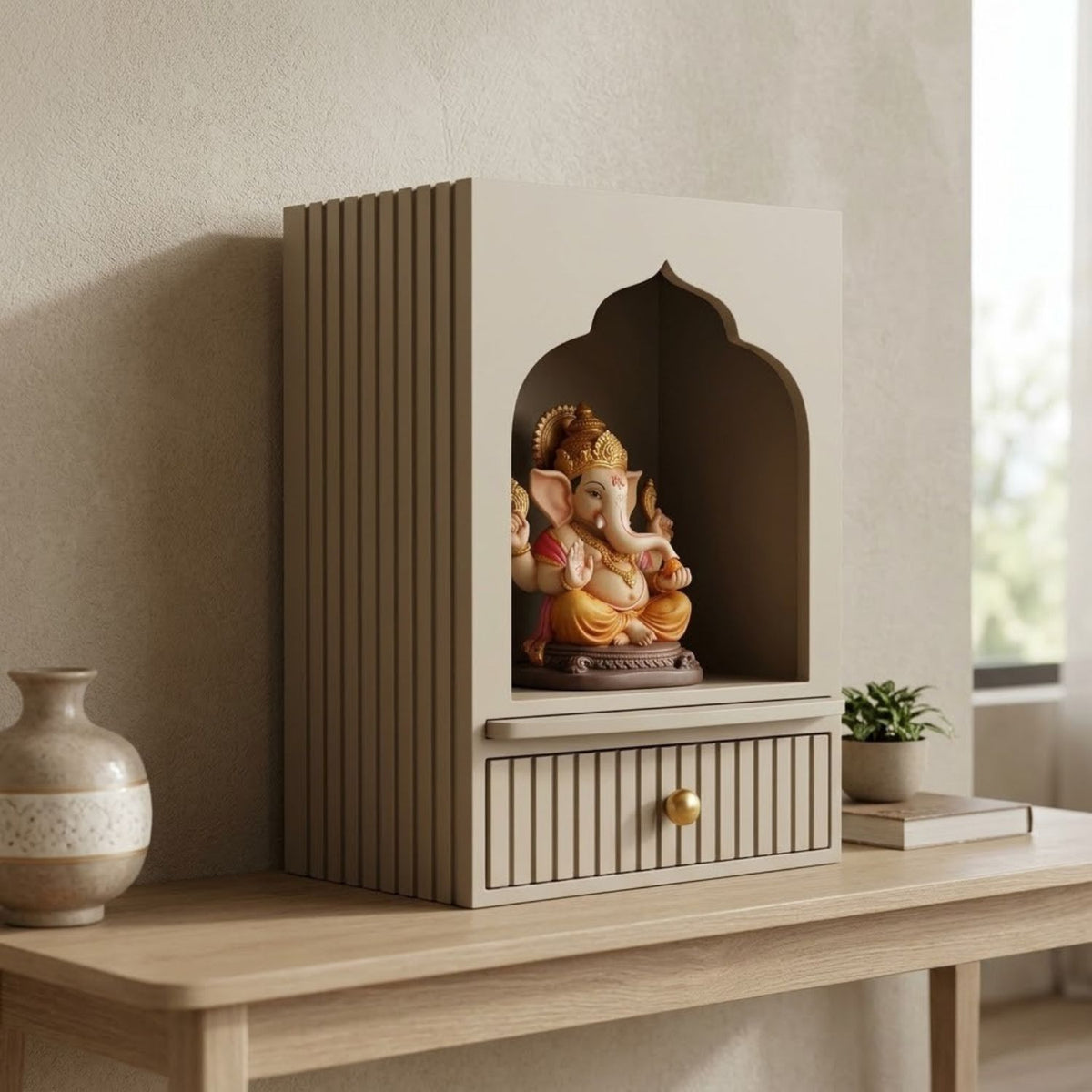 Wall Mounted Royal Arch Mandir for Home with Drawer | Wooden Home Temple for God Idol, Wall Hanging Puja Mandir & Prayer Shelf