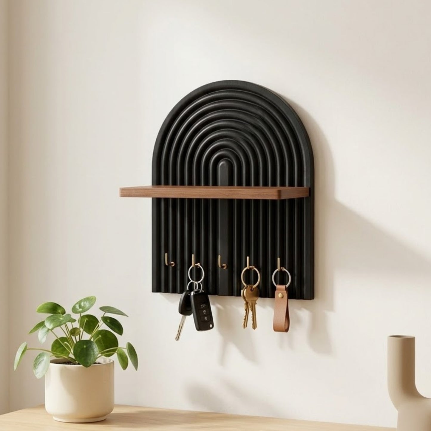 Home Sparkle Modern Wall Mounted Key Holder with Shelf | Wooden Entryway Organizer with 5 Hooks | Decorative Key Rack for Home & Office