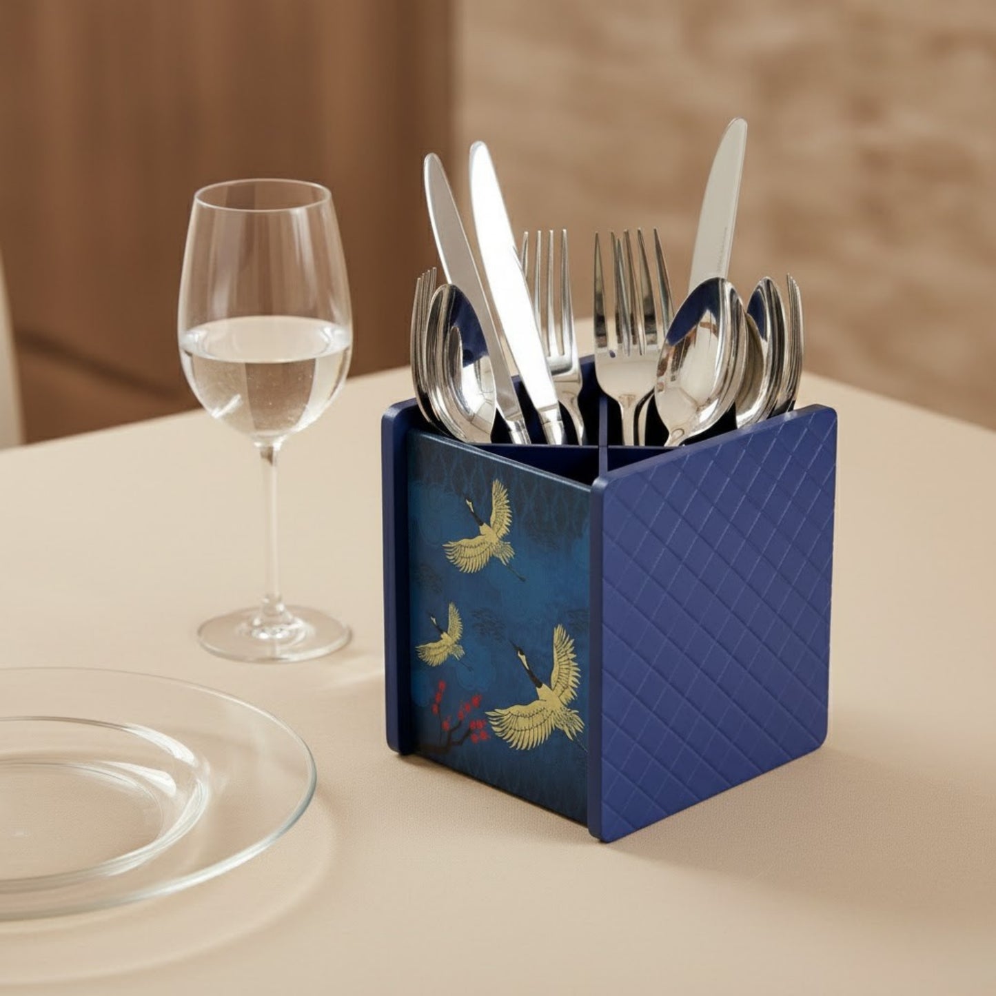 **Home Sparkle Wooden Cutlery Organizer | Decorative Tabletop Spoon & Fork Holder | Multipurpose Engineered MDF Dining Table Organizer | Blue Printed Finish**