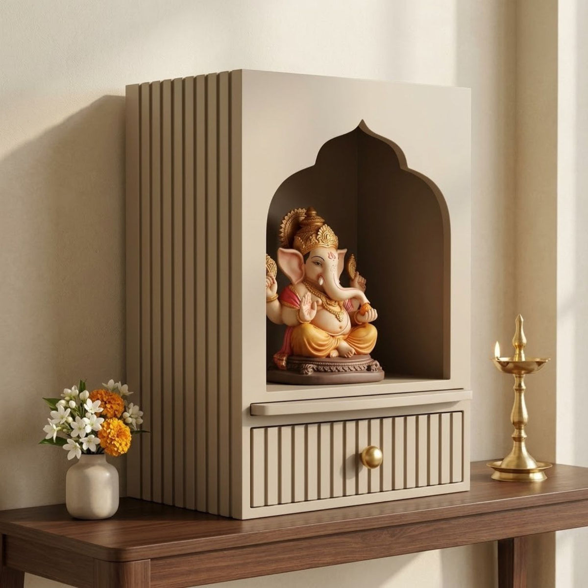 Wall Mounted Royal Arch Mandir for Home with Drawer | Wooden Home Temple for God Idol, Wall Hanging Puja Mandir & Prayer Shelf
