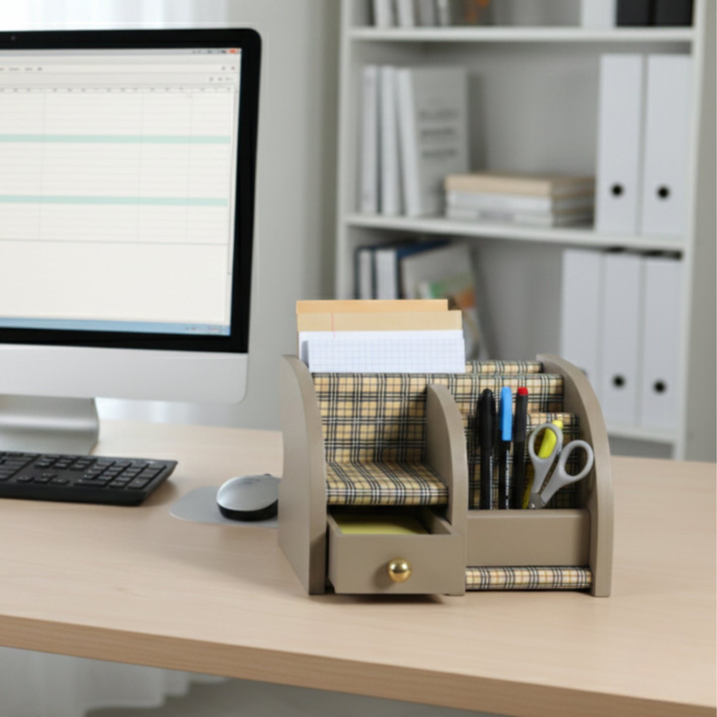 Home Sparkle Wooden Desk Organizer for Office & Home | Pen, File & Card Holder with Multi-Compartments & Drawer | Desk Accessories Organizer (Beige)