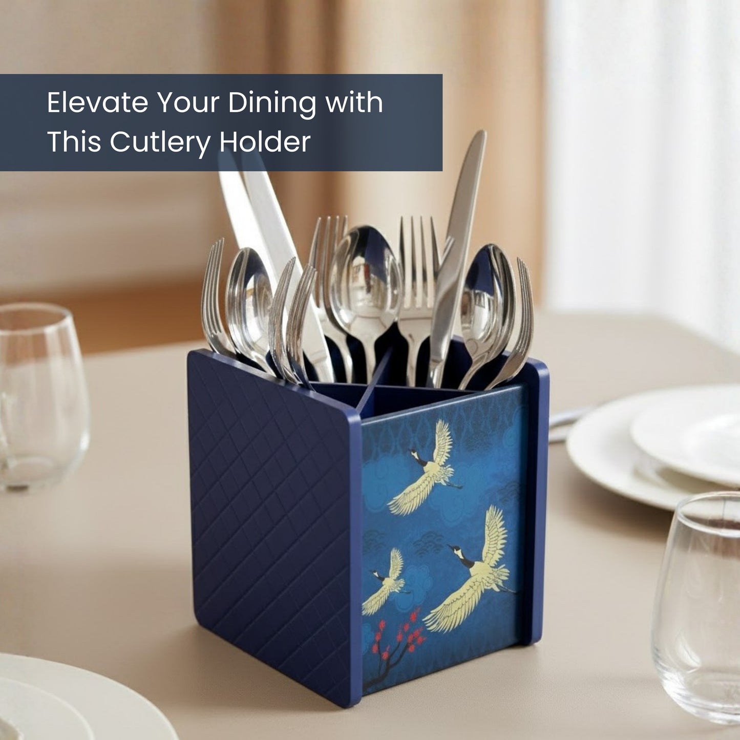 **Home Sparkle Wooden Cutlery Organizer | Decorative Tabletop Spoon & Fork Holder | Multipurpose Engineered MDF Dining Table Organizer | Blue Printed Finish**