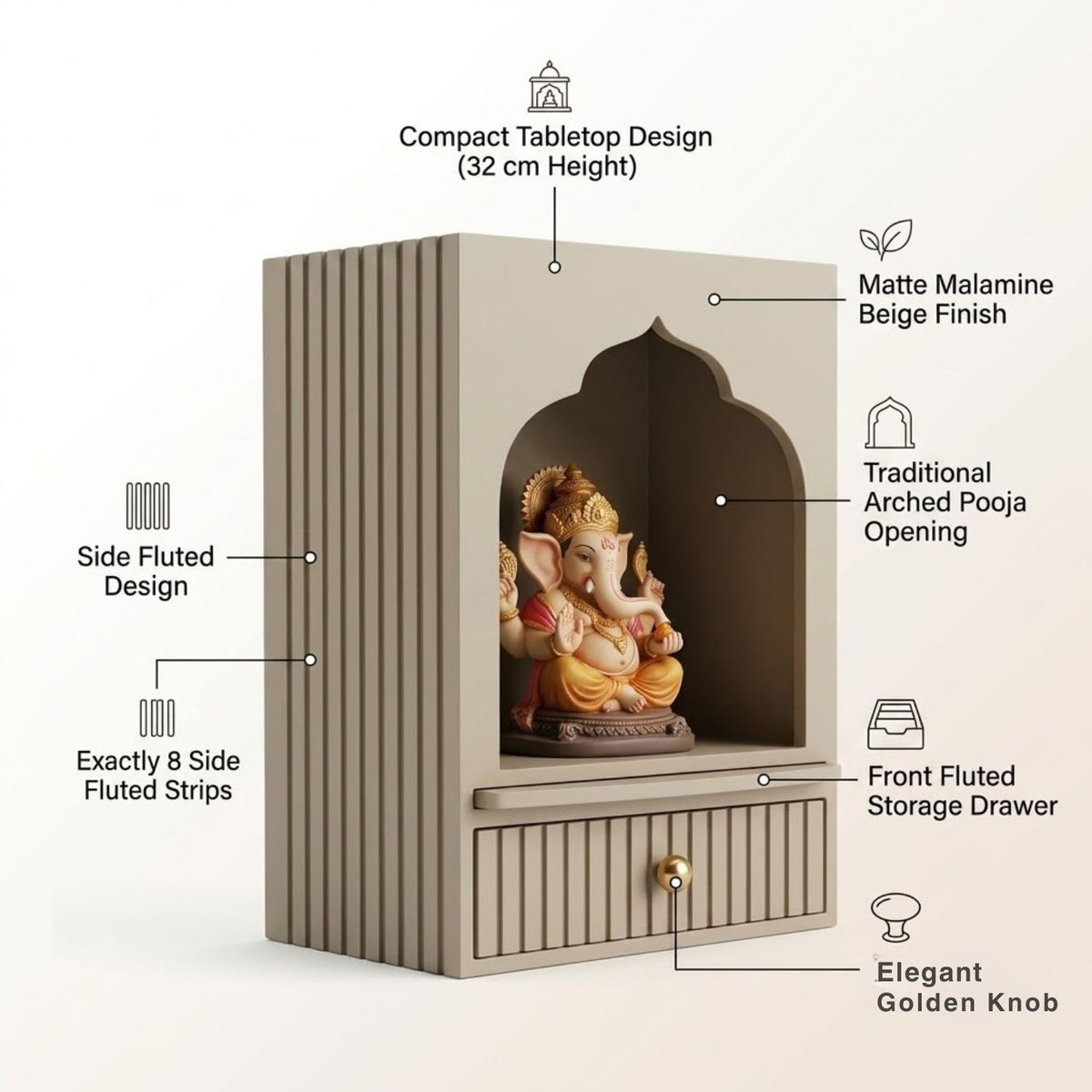 Wall Mounted Royal Arch Mandir for Home with Drawer | Wooden Home Temple for God Idol, Wall Hanging Puja Mandir & Prayer Shelf