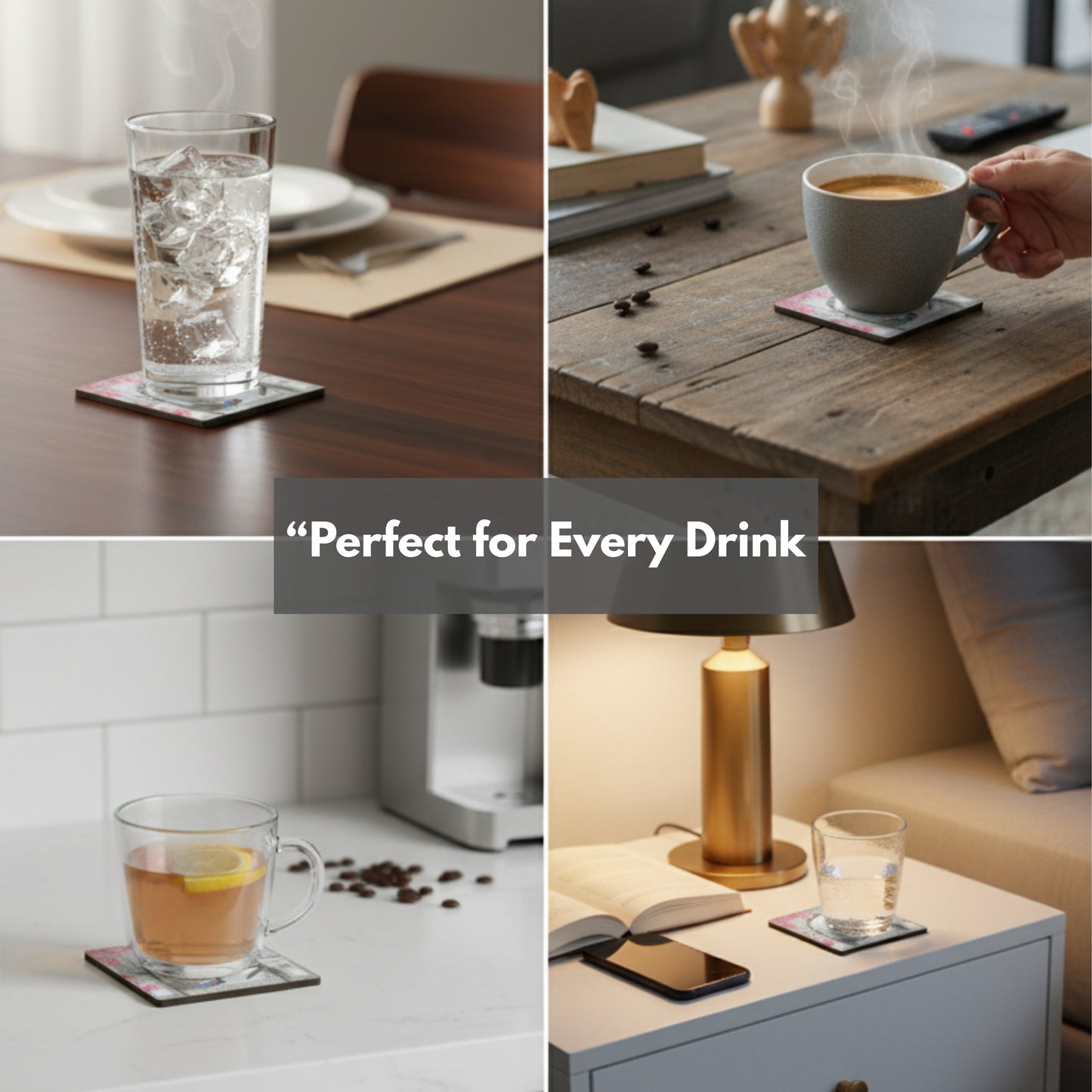 Coasters Set for Dining Table – Tea Coasters for Cups & Mugs | Elegant Table Décor Accessories – Set of 6 with Holder – Durable & Stylish