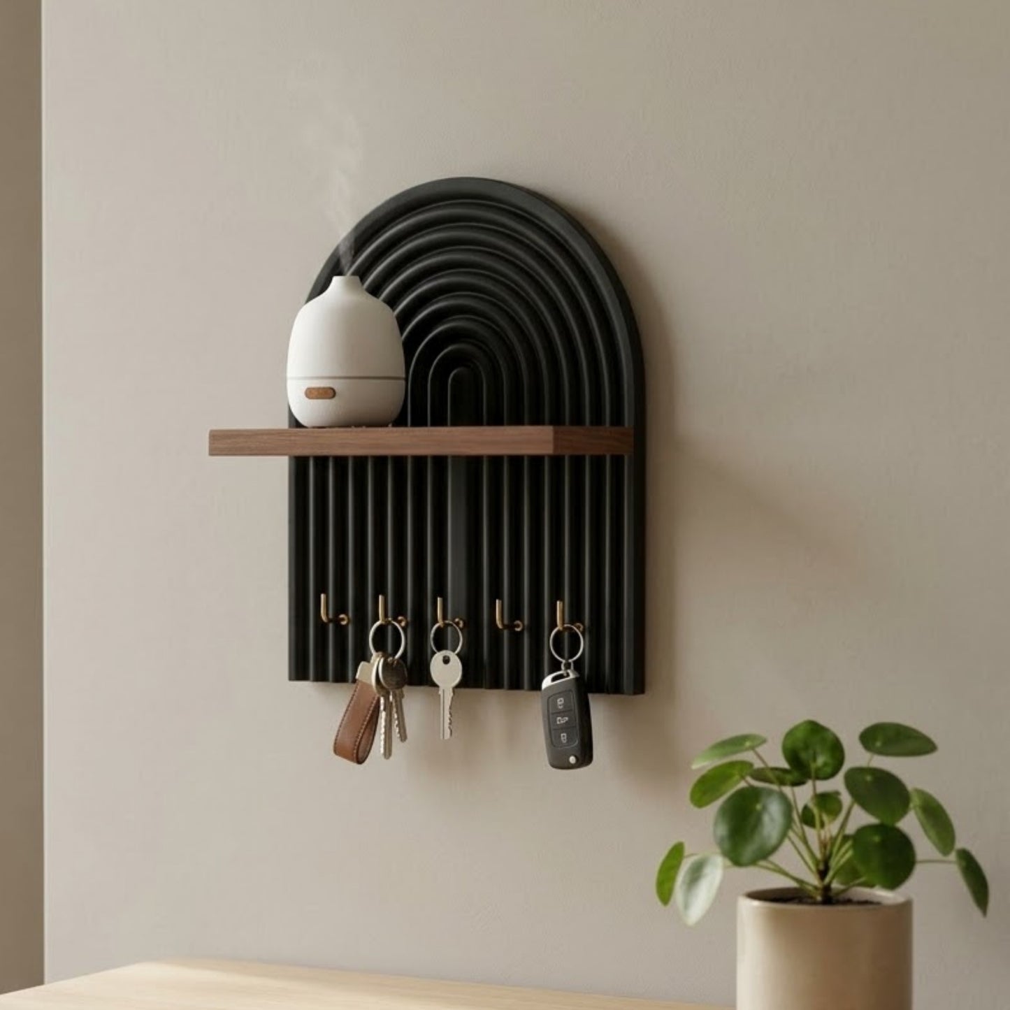 Home Sparkle Modern Wall Mounted Key Holder with Shelf | Wooden Entryway Organizer with 5 Hooks | Decorative Key Rack for Home & Office