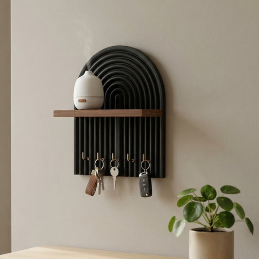 Home Sparkle Modern Wall Mounted Key Holder with Shelf | Wooden Entryway Organizer with 5 Hooks | Decorative Key Rack for Home & Office