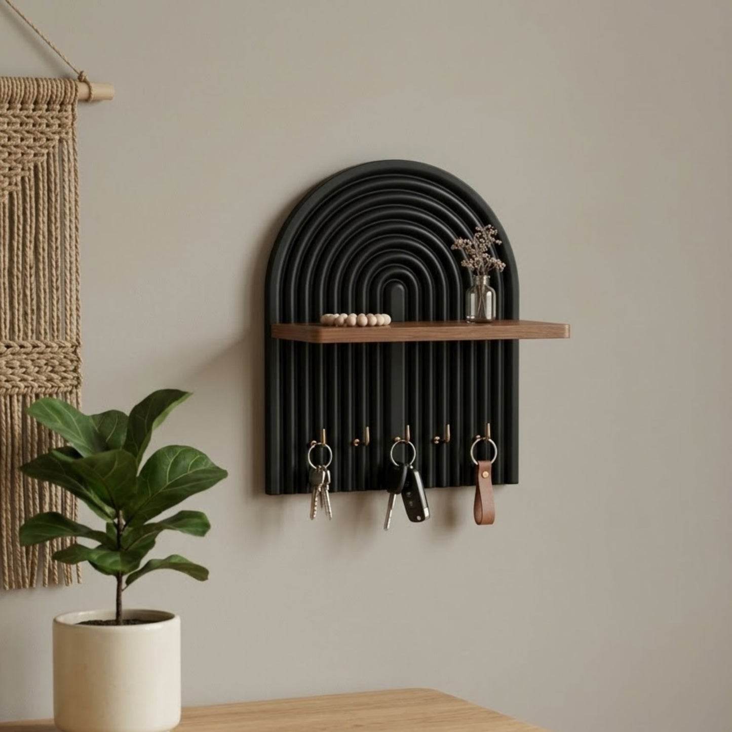 Home Sparkle Modern Wall Mounted Key Holder with Shelf | Wooden Entryway Organizer with 5 Hooks | Decorative Key Rack for Home & Office